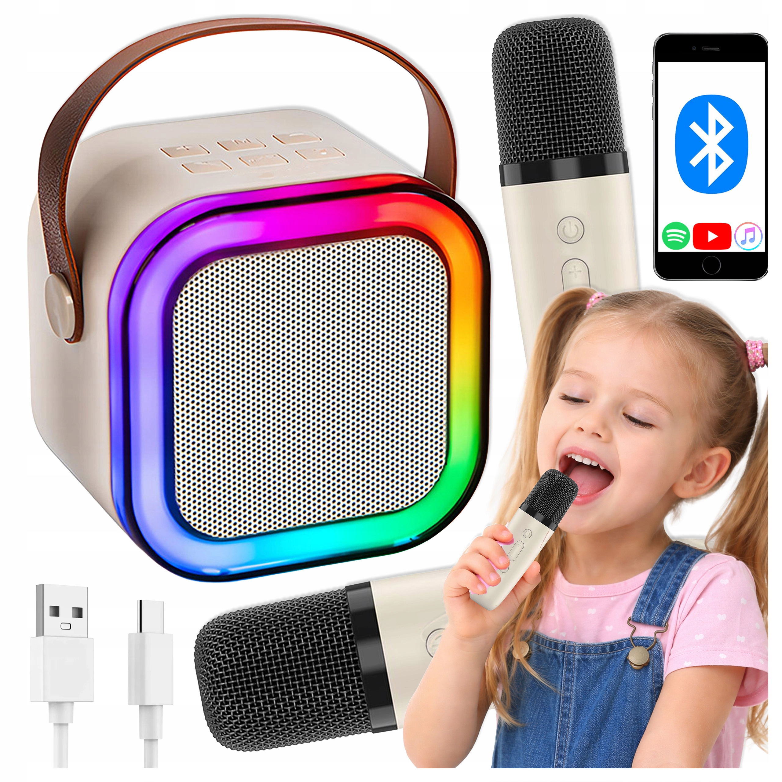 Przenośny głośnik LED z uchwytem, dwa mikrofony, kabel USB i śpiewająca dziewczynka.