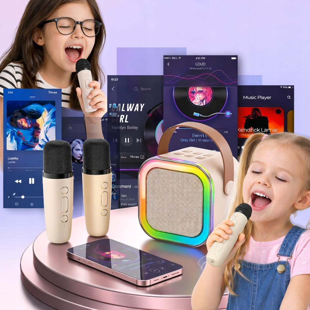 Dwie dziewczynki śpiewają do mikrofonów obok kolorowego urządzenia karaoke, smartfona i aplikacji muzycznych.