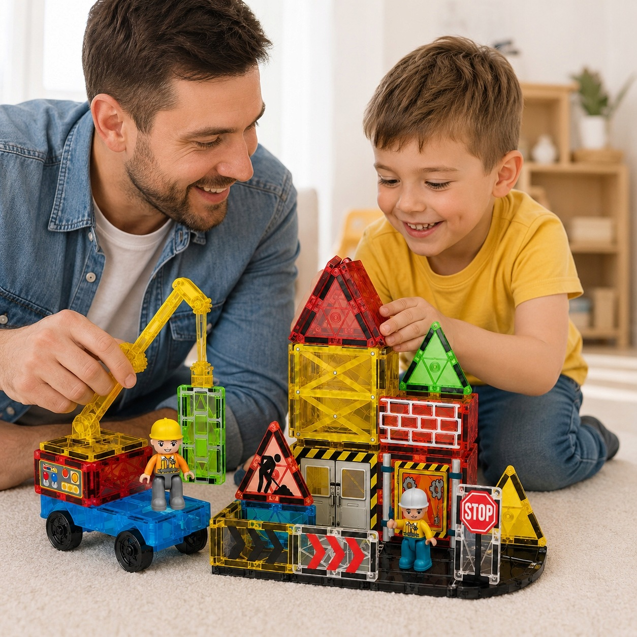 Uśmiechnięty ojciec i syn budują na podłodze kolorowy zestaw klocków magnetycznych.