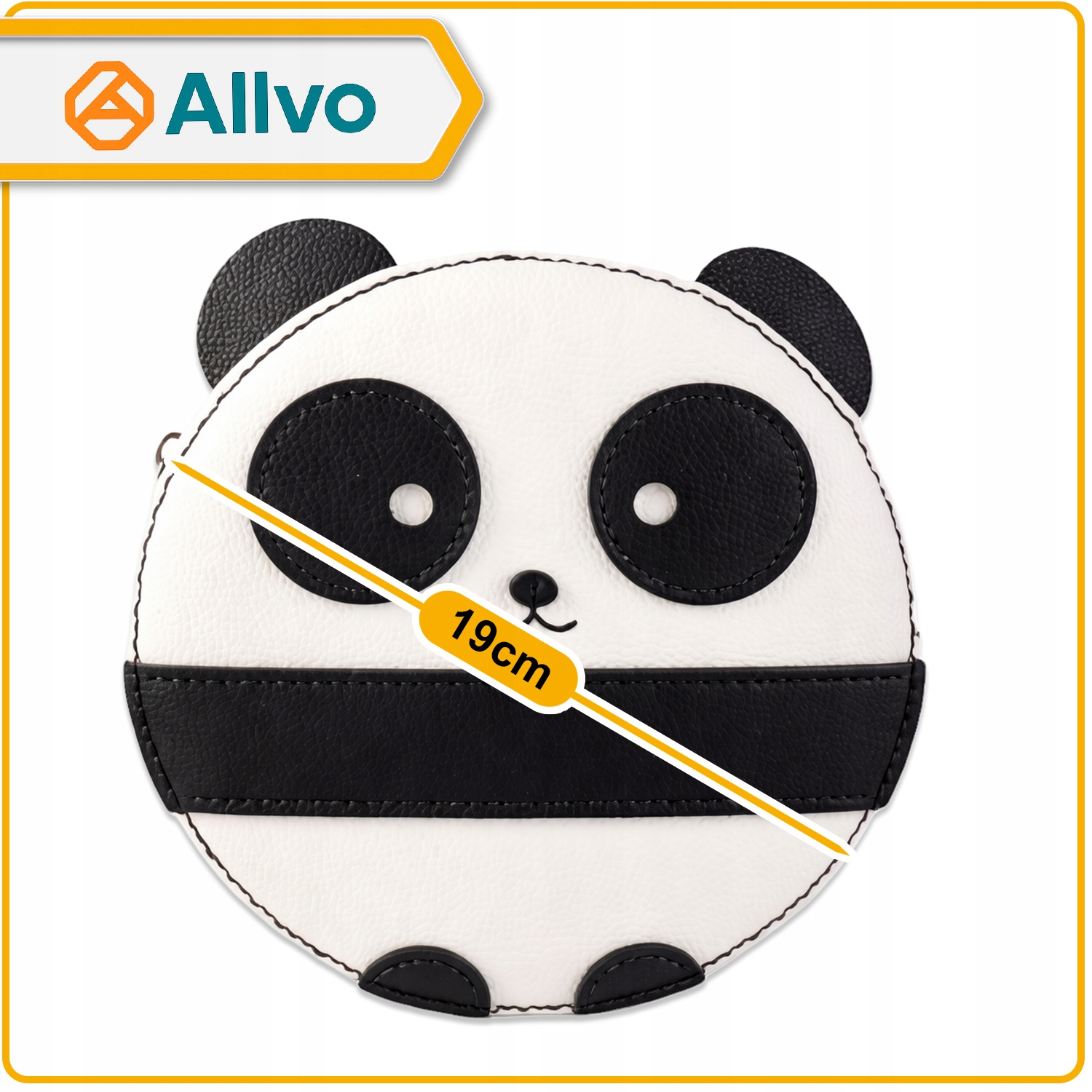 Okrągła czarno-biała torba z motywem pandy o przekątnej 19 cm z logo Allvo w lewym górnym rogu.