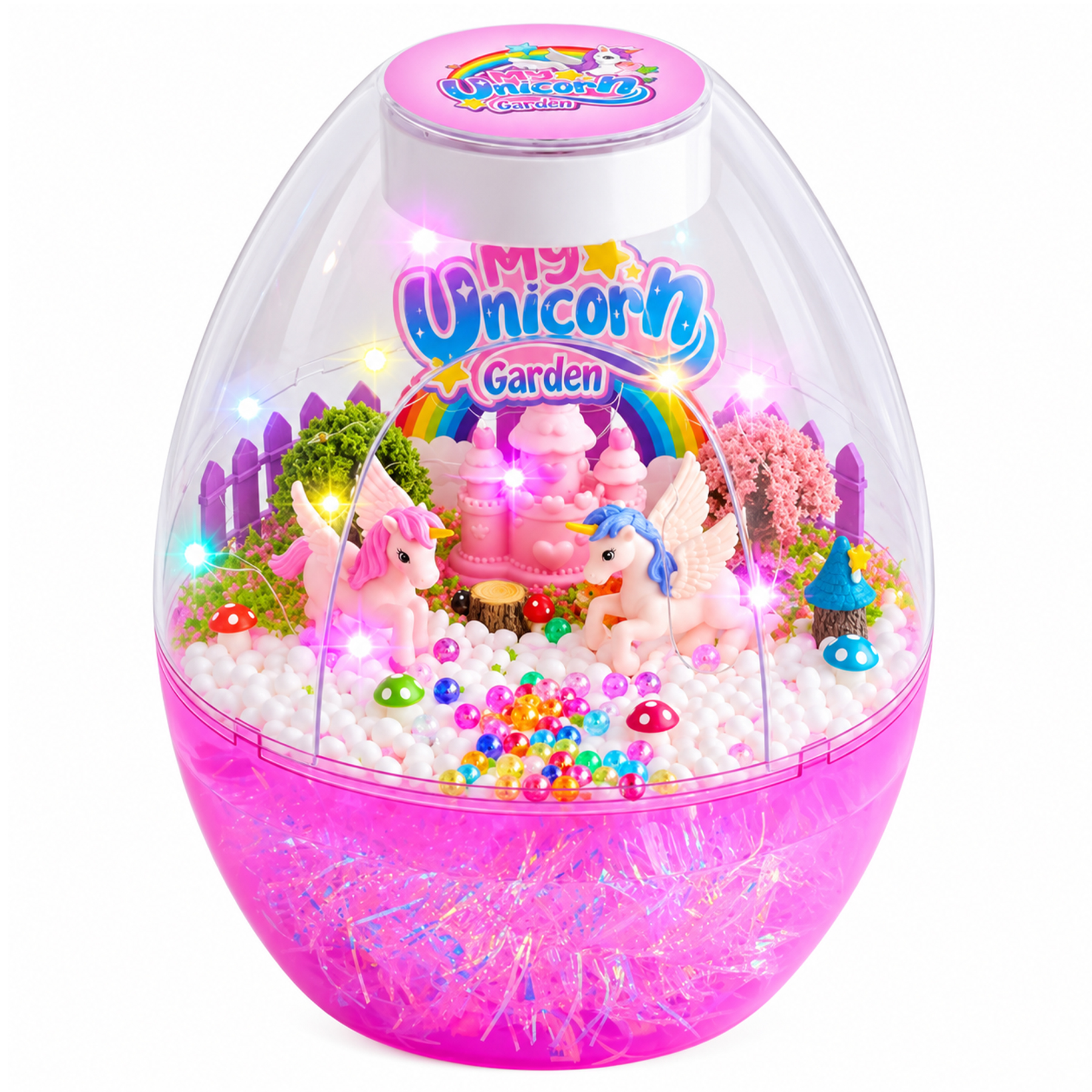 Zestaw My Unicorn Garden w dużym, przezroczstym jajku z różową podstawą, dwoma jednorożcami, zamkiem i światełkami.