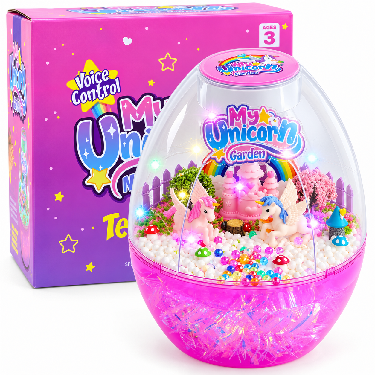 Zestaw zabawek My Unicorn Garden w świecącym jajku z dwoma jednorożcami, obok różowego pudełka.