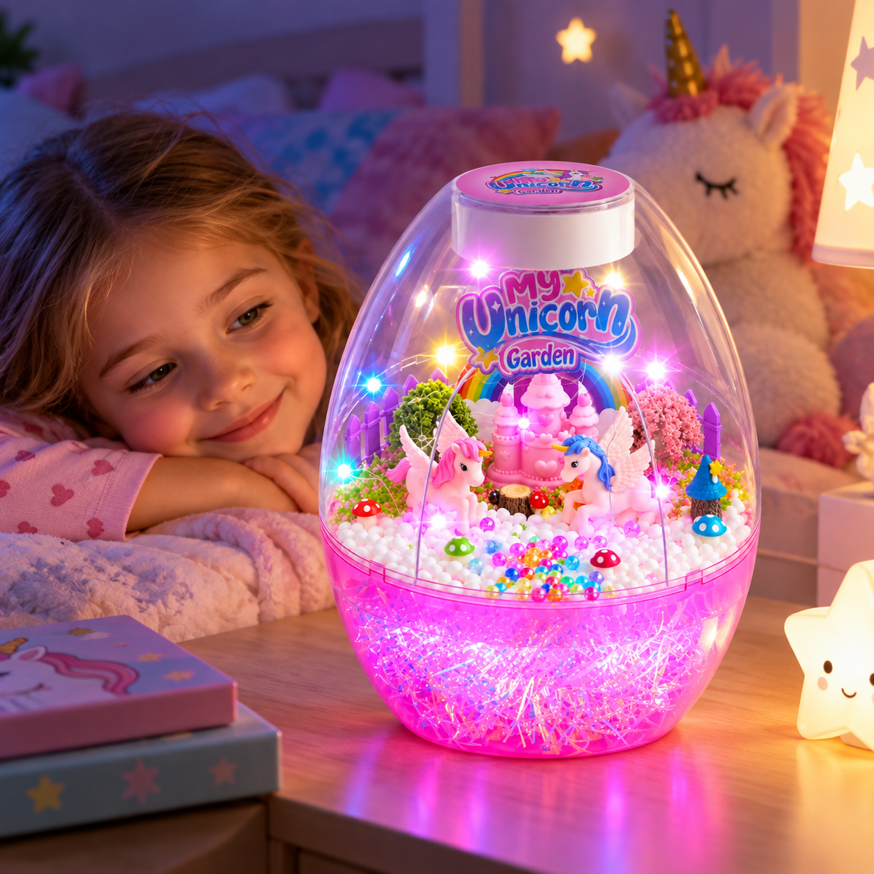 Uśmiechnięta dziewczynka patrzy na podświetlany zestaw My Unicorn Garden z mini jednorożcami.