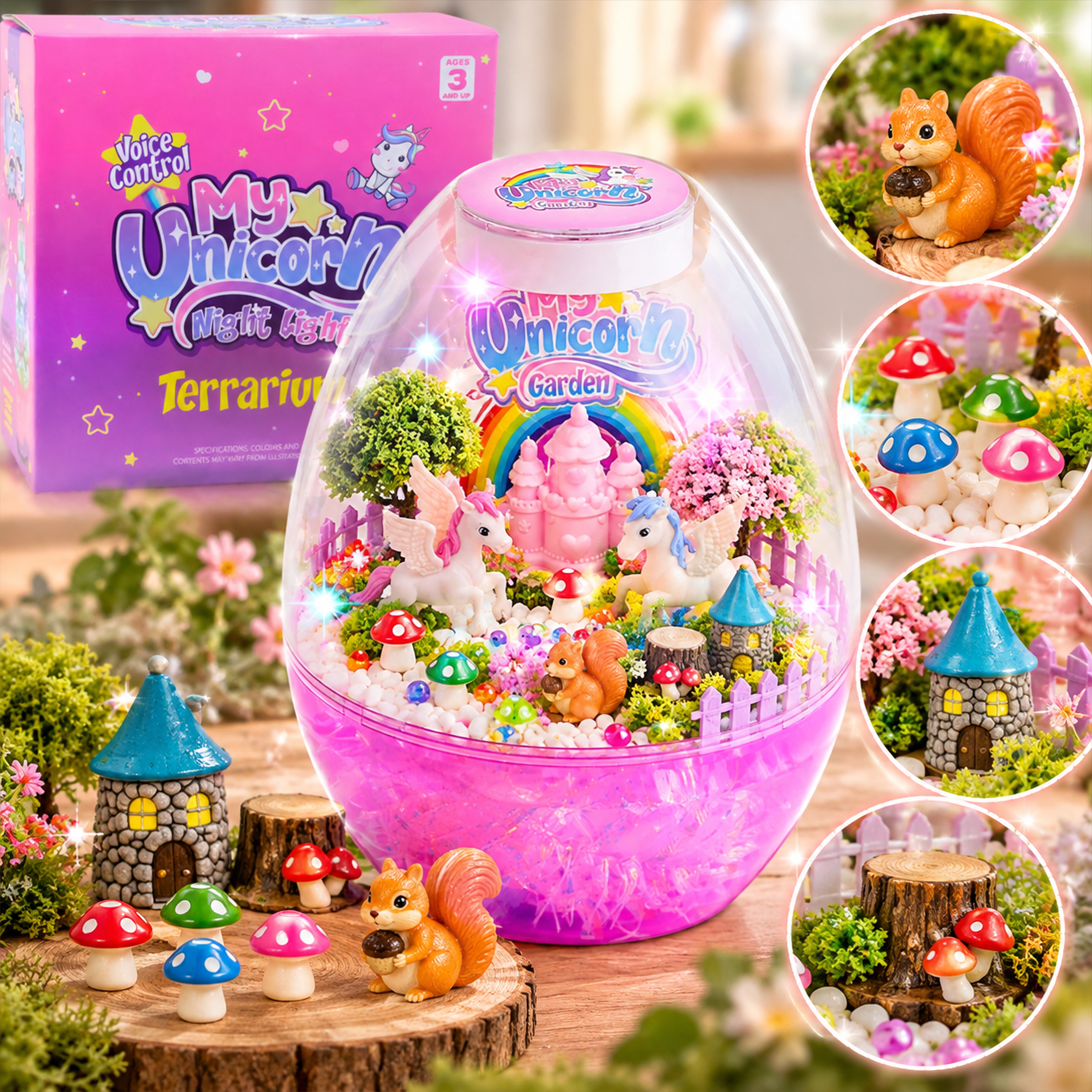 Różowy zestaw terrarium My Unicorn z figurkami wróżkowego ogrodu, drzewami, zwierzętami, grzybami i pudełkiem.