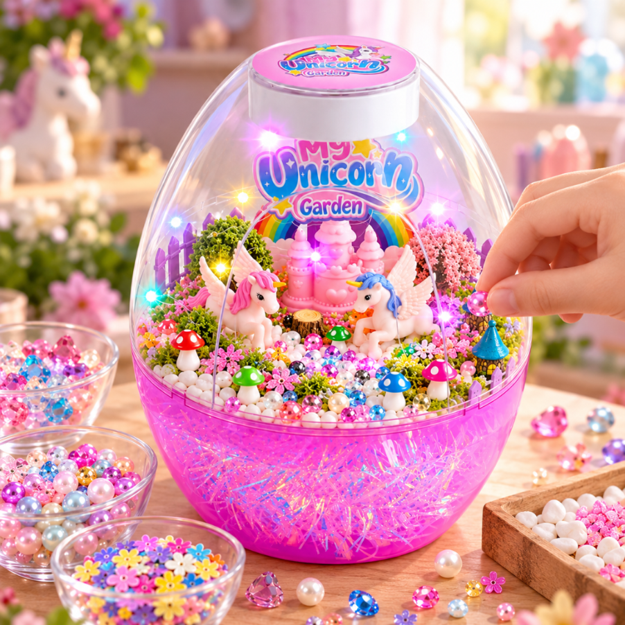 Podświetlane terrarium w kształcie jajka z dwiema figurkami jednorożców, mini zamkiem, koralikami i brokatem, oświetlone kolorowymi diodami LED.