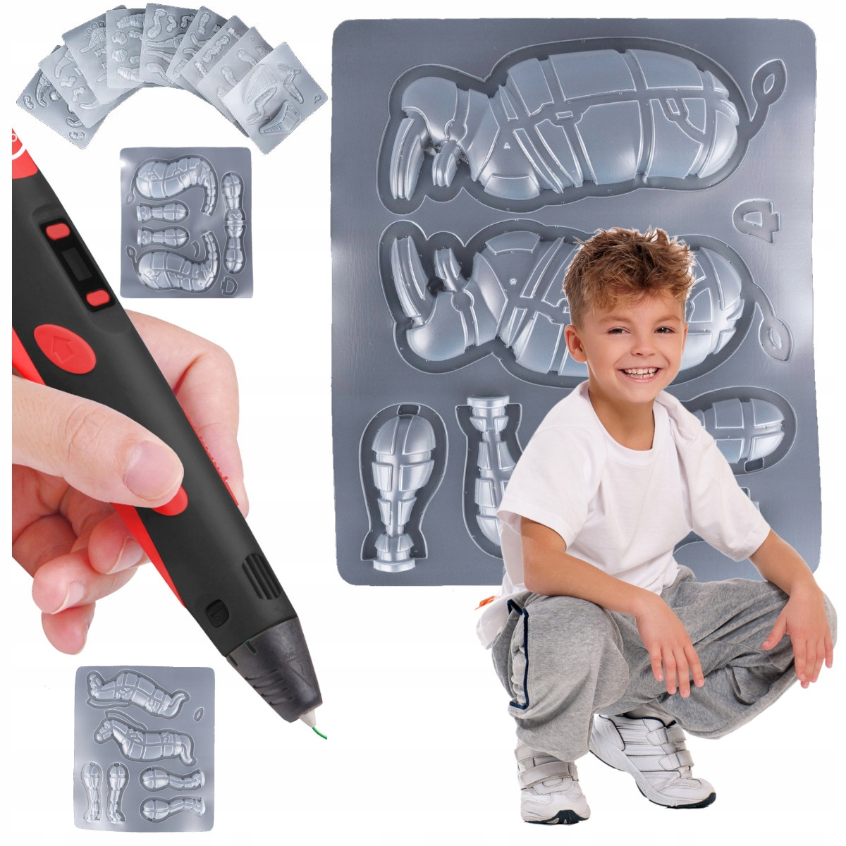 Chłopak kuca przy formach 3D, trzymając długopis 3D.