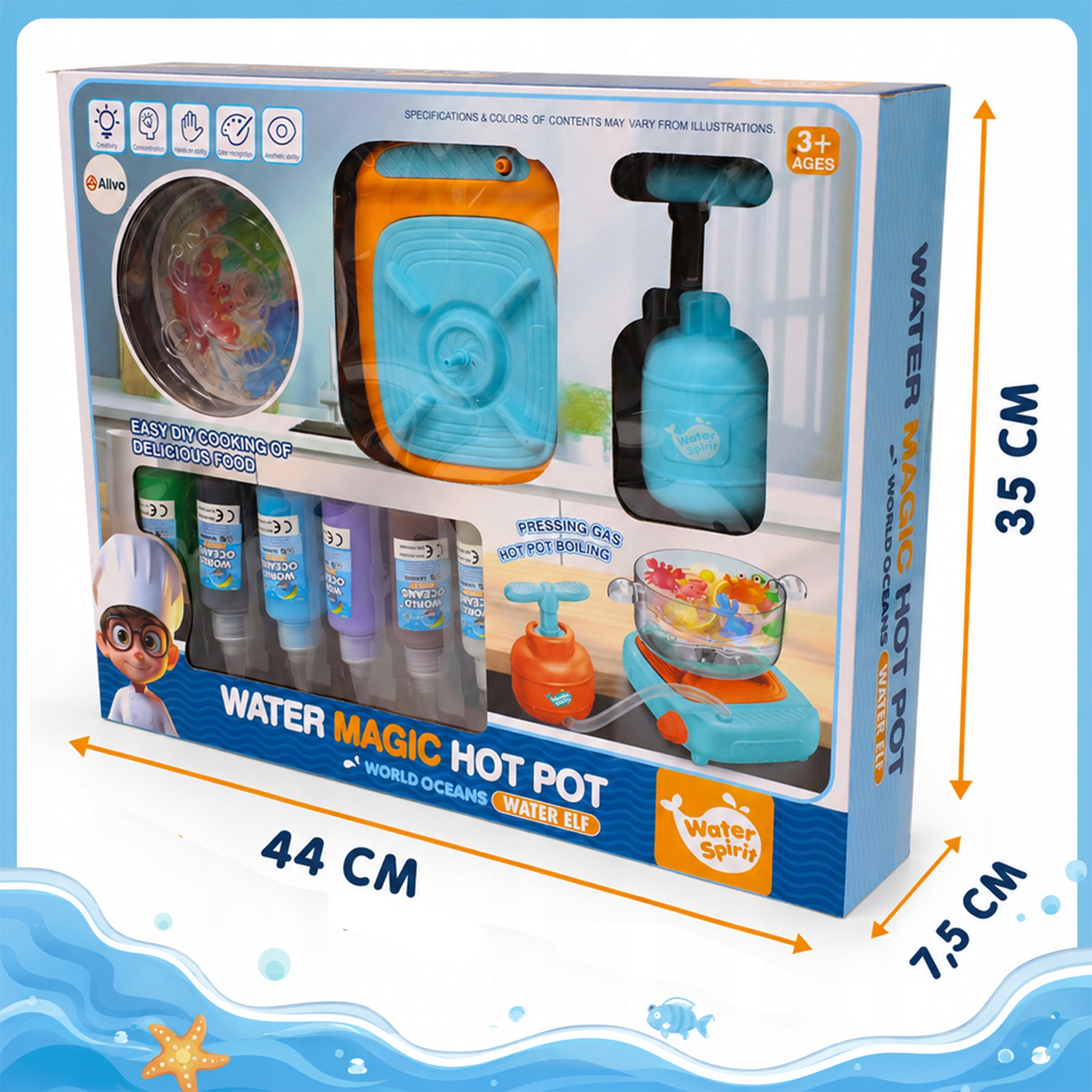 Opakowanie zestawu Water Magic Hot Pot z akcesoriami kuchennymi, kolorowymi buteleczkami i wymiarami 44x35x7,5 cm.