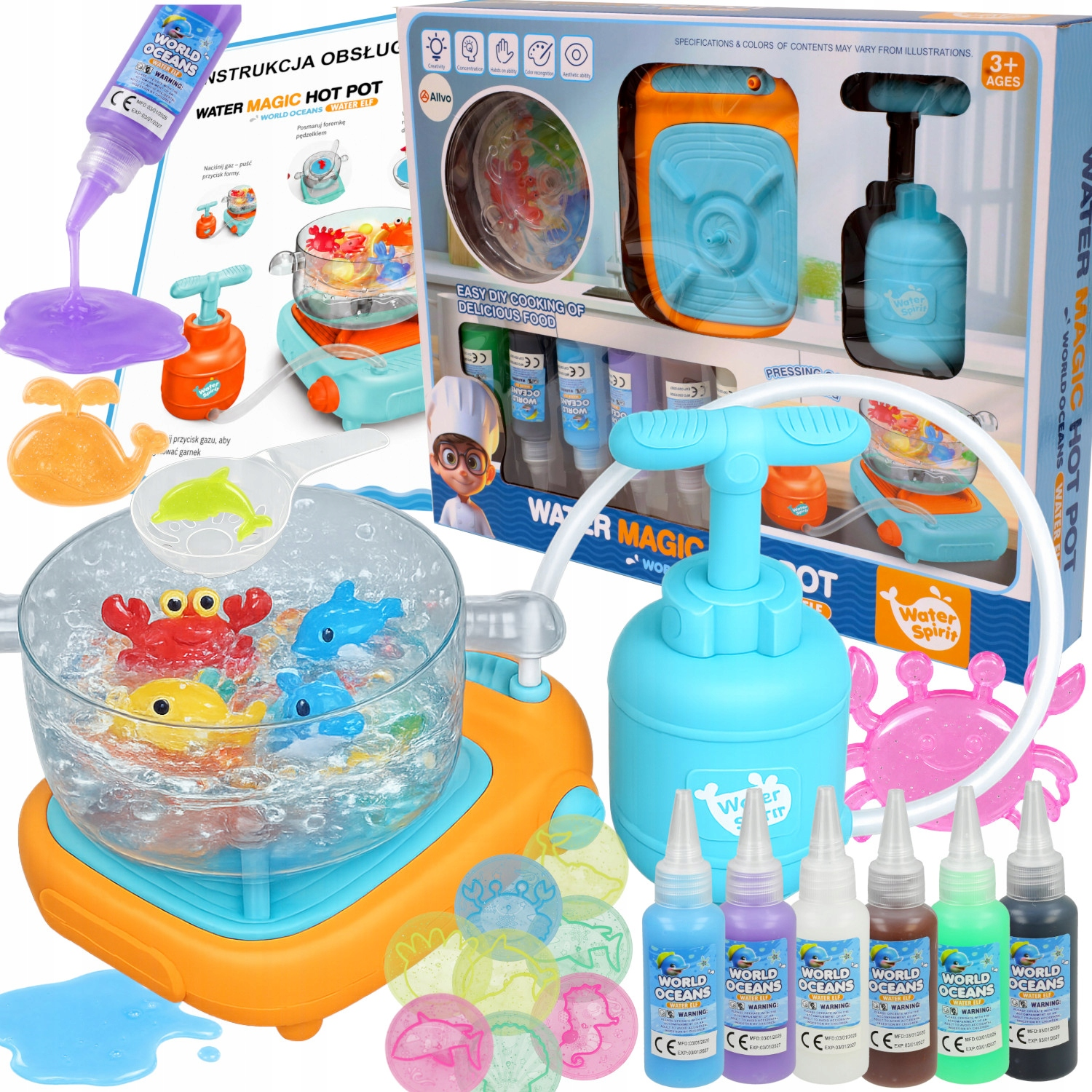 Zestaw zabawek Water Magic Hot Pot z foremnikami, butelkami żelu, pompką i garnkiem ze zwierzakami.