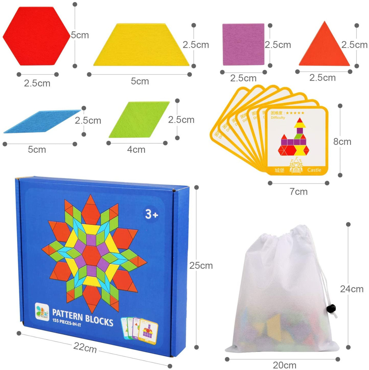 Kolorowe drewniane klocki geometryczne z wymiarami, kartami, niebieskim pudełkiem i workiem.