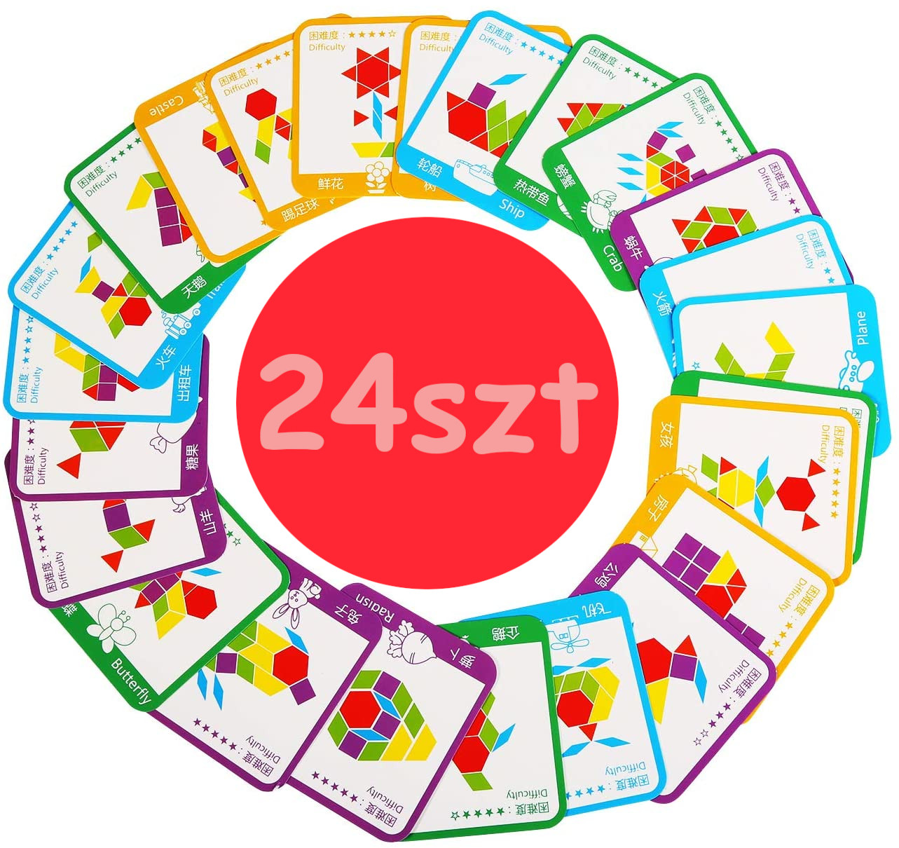 Kolekcja kolorowych kart tangram ułożonych w okrąg z czerwonym kołem pośrodku zawierającym napis 24szt.