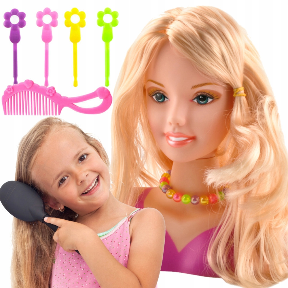 Blond zabawka do czesania z głową lalki, szczotką i spinkami.