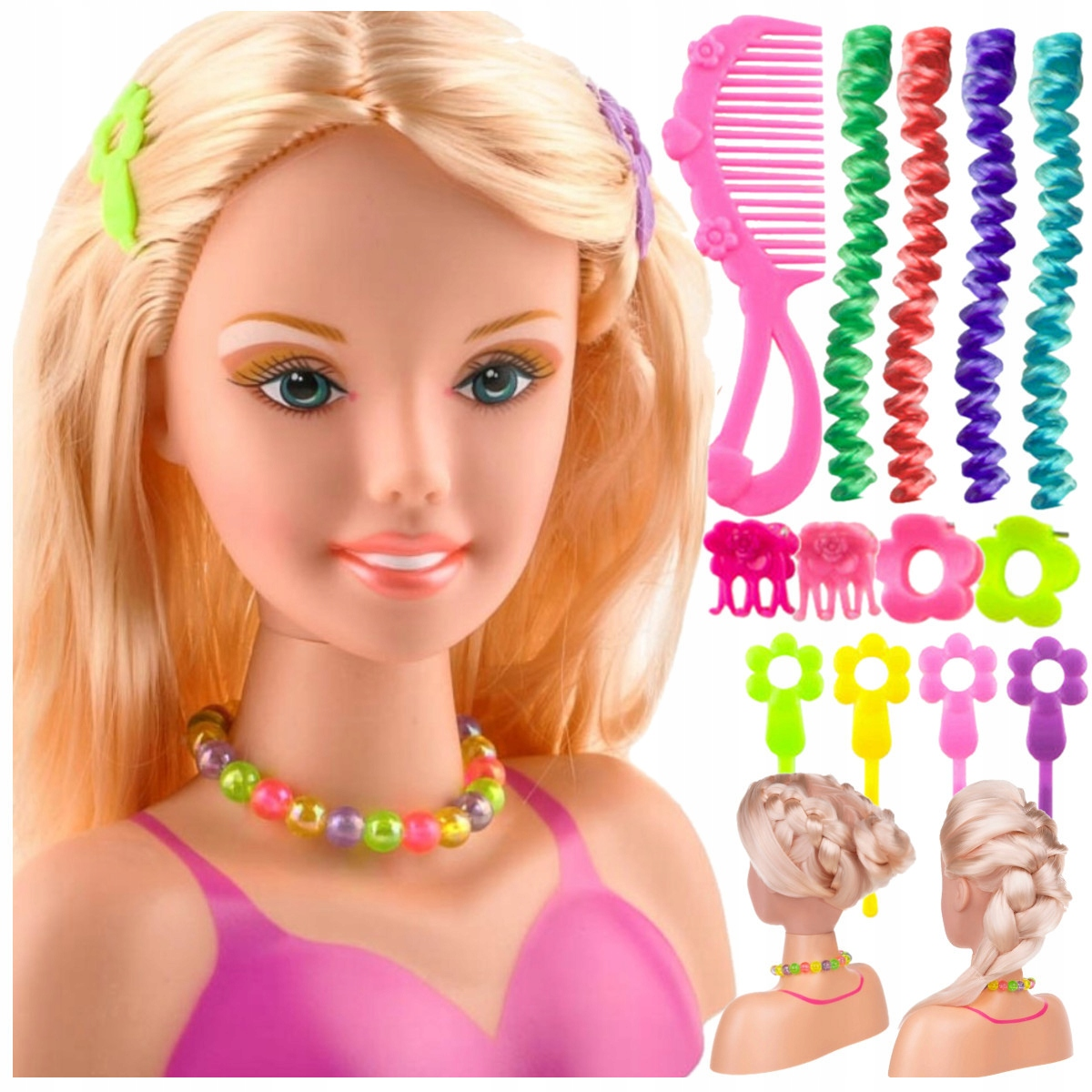 Blond lalka do stylizacji z kolorowymi spinkami, różowym grzebieniem, kręconymi pasmami i koralami.