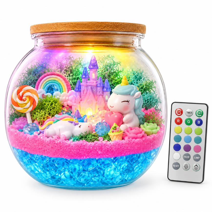 Szklane terrarium z jednorożcem, kolorowymi światłami, zamkiem, dekoracją tęczy i pilotem.
