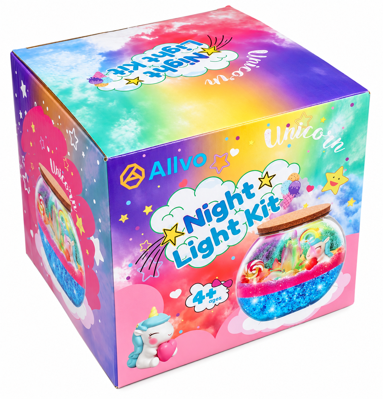 Kolorowe pudełko zestawu lampki nocnej z jednorożcem Allvo z tęczą i gwiazdami.