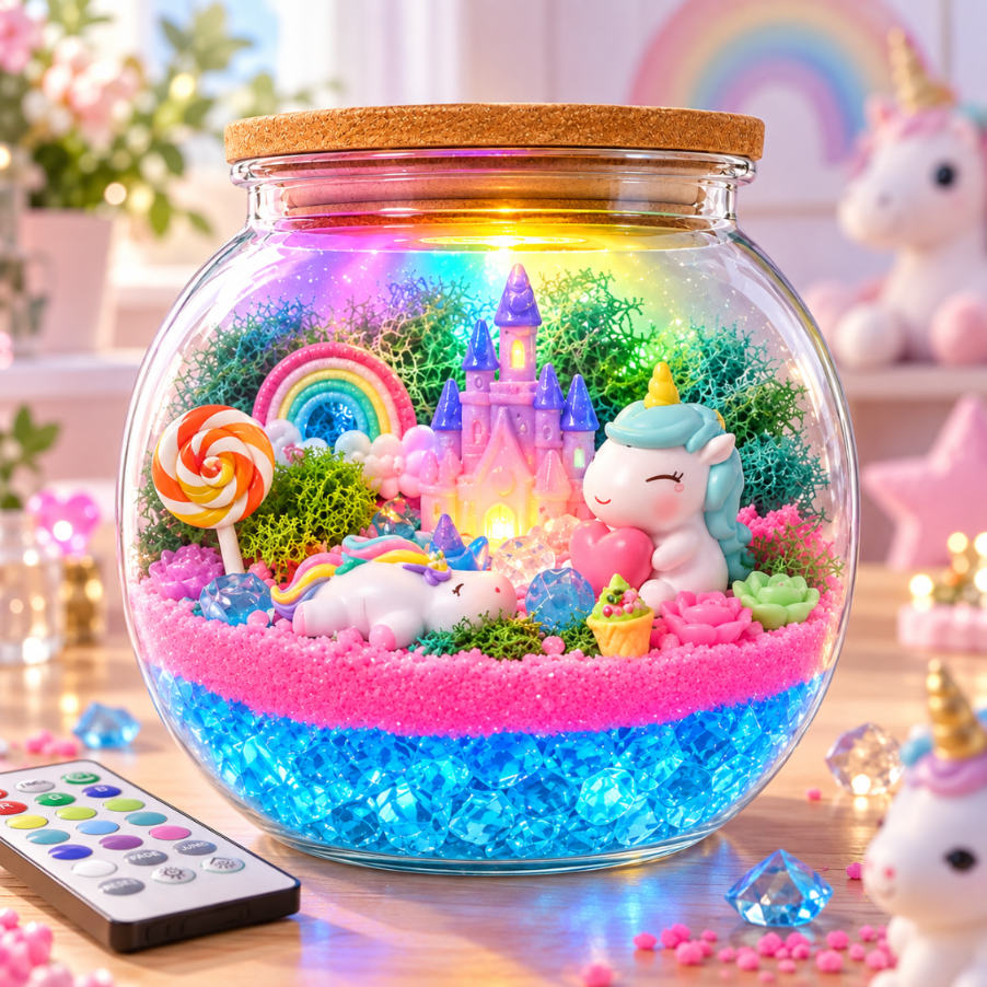 Szklane terrarium z jednorożcem, kolorowymi światłami, zamkiem, tęczą i słodyczami na niebieskim piasku.