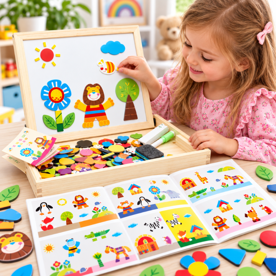 Mała dziewczynka bawi się drewnianą tablicą magnetyczną i kolorowymi puzzlami.