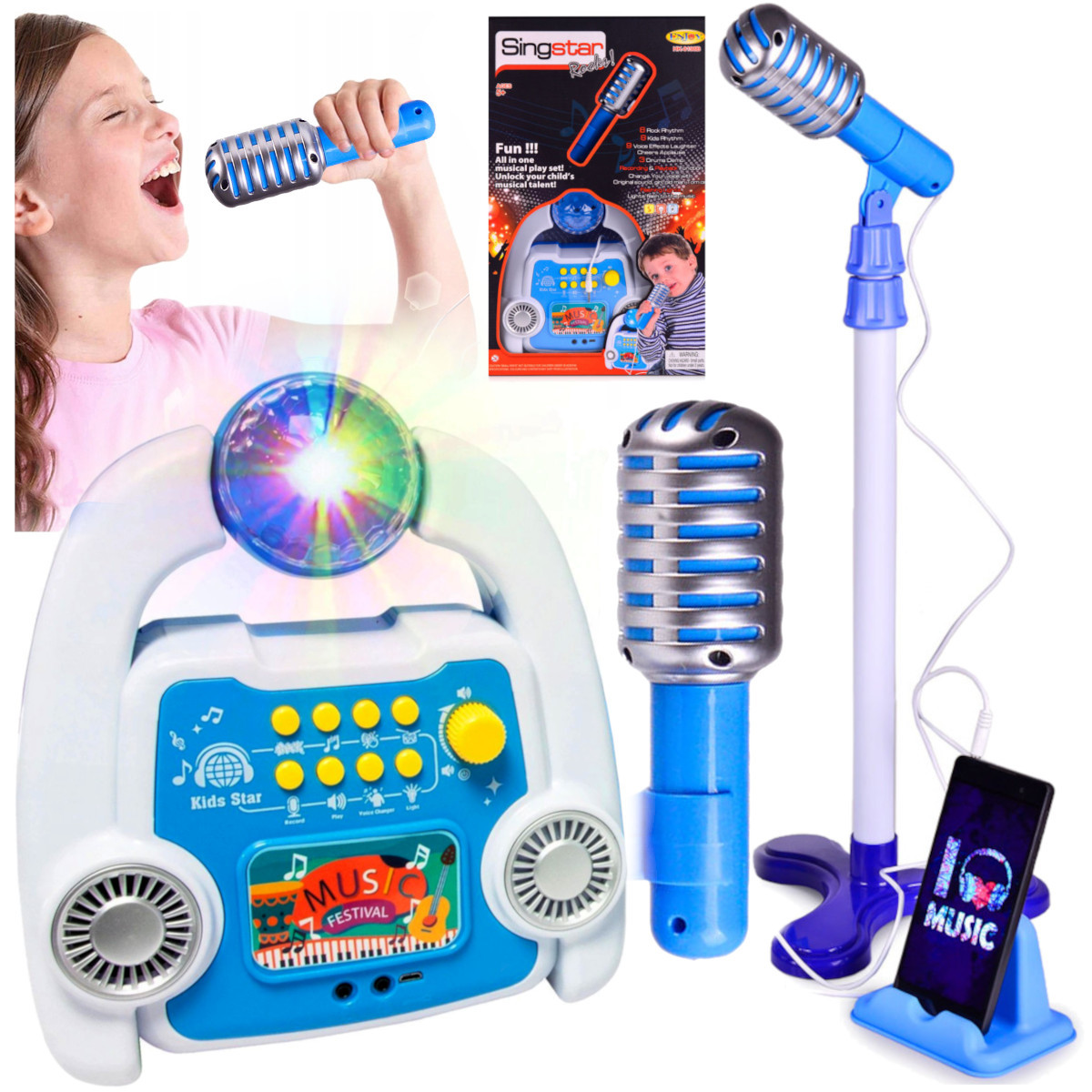 Niebieski zestaw karaoke dla dzieci z mikrofonem, głośnikiem i kulą świetlną.
