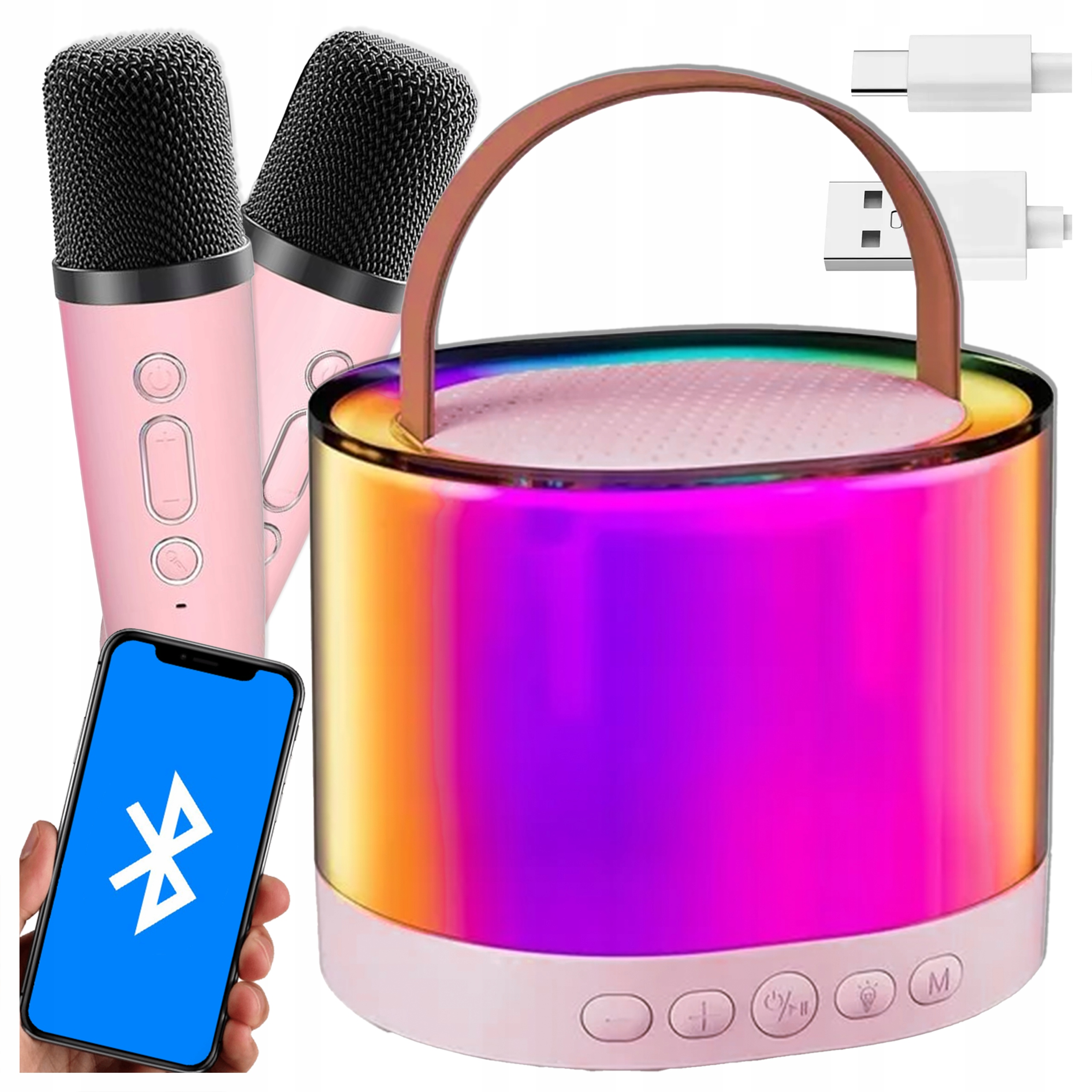 R33owy g3o3nik bluetooth z r3czk3, dwa r33owe mikrofony, smartfon i kable na białym tle.
