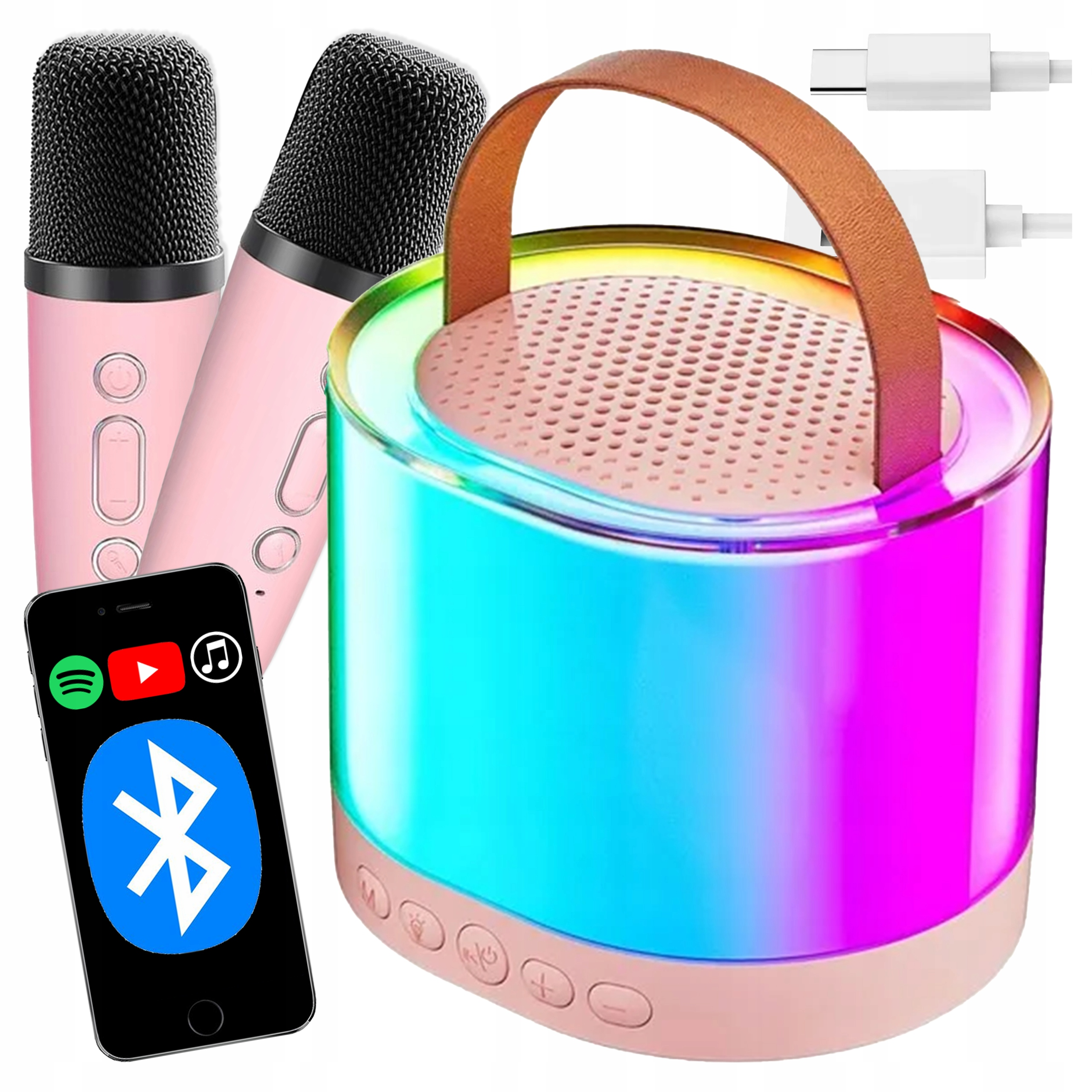 Różowy głośnik Bluetooth, dwa różowe mikrofony, smartfon z symbolem Bluetooth i kable USB-C.
