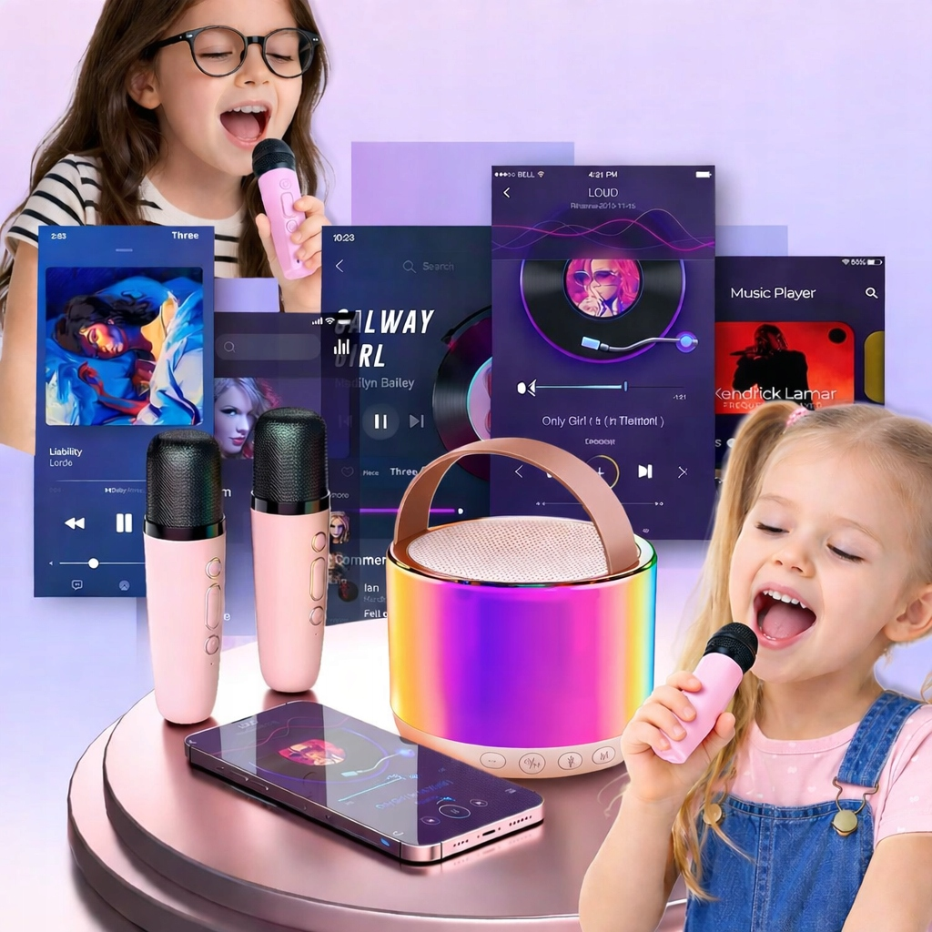 Dwie dziewczynki śpiewają do różowych mikrofonów obok tęczowego głośnika karaoke i ekranów smartfonów.