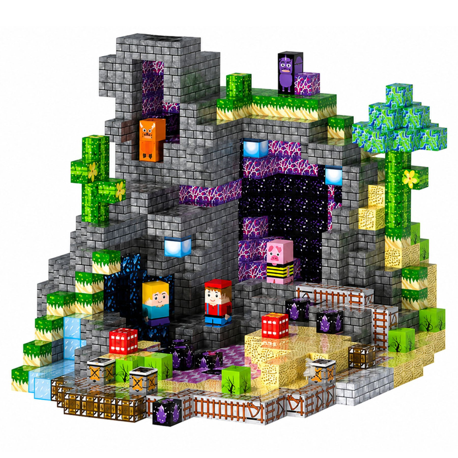 Klockowy zestaw fantasy w stylu pixel art z szarymi kamiennymi murami, postaciami i portalami.