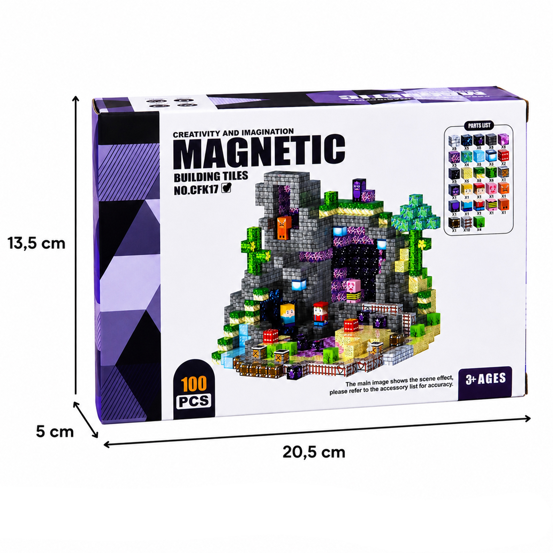 Pudełko ze 100 magnetycznymi klockami przedstawiające scenę w stylu Minecraft.