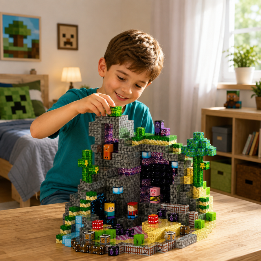 Chłopiec buduje duży zestaw Minecraft z klocków na drewnianym stole w pokoju dziecięcym.