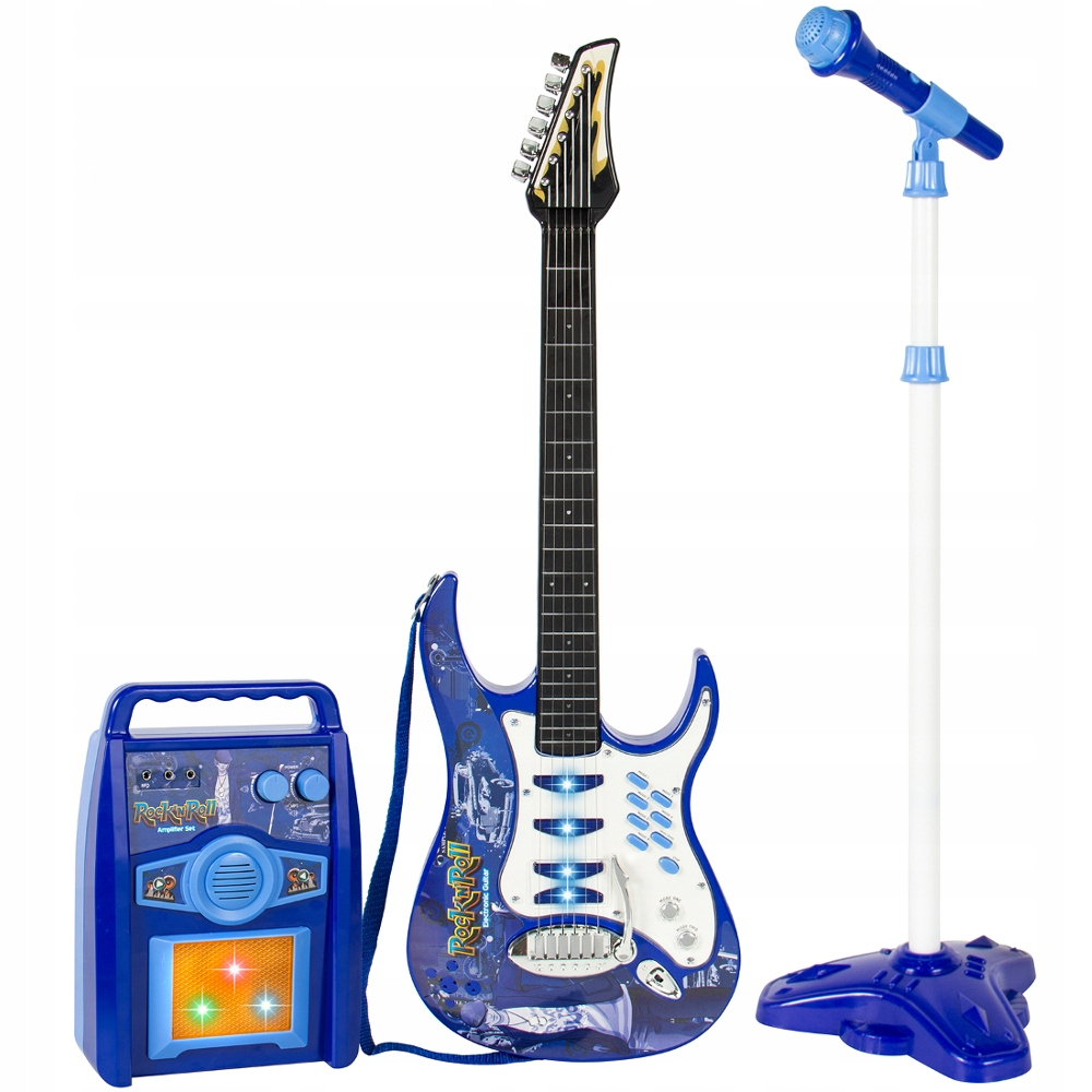 Niebieski zestaw rockowy z zabawkami: gitara elektryczna, wzmacniacz i mikrofon na statywie.