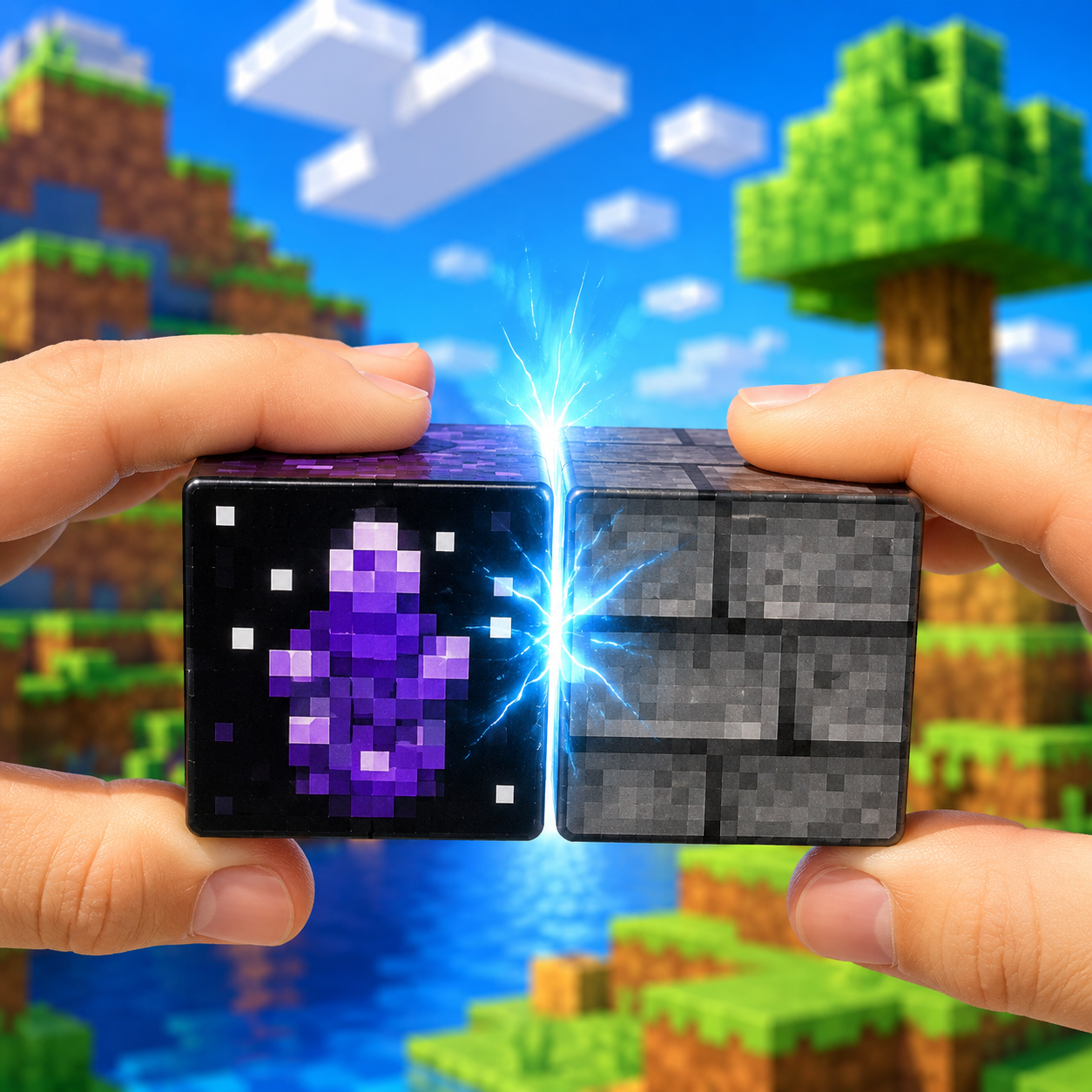 Ręce trzymające dwa bloki Minecrafta tworzące niebieskie błyskawice.