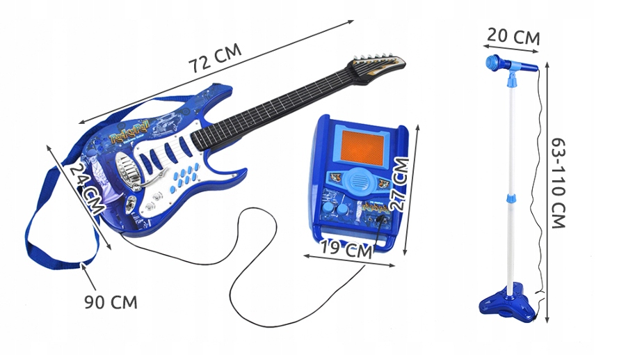 Niebieska gitara zabawka, wzmacniacz i stojak na mikrofon z wymiarami na białym tle.