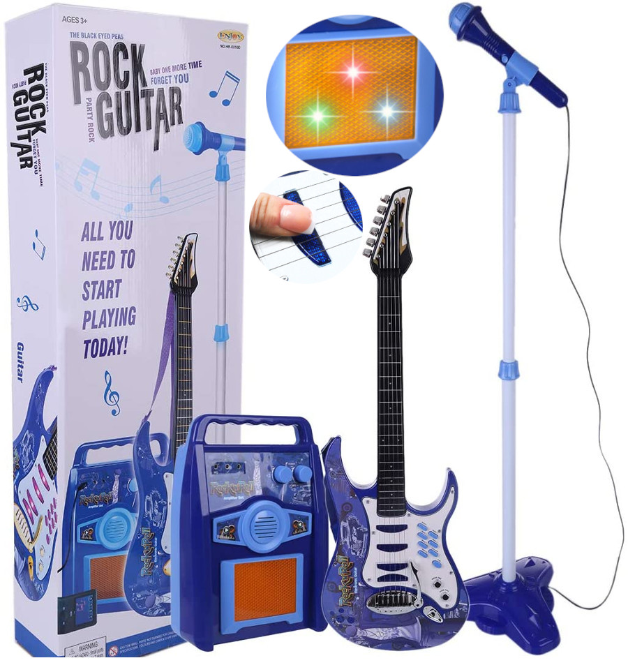 Niebieski zestaw zabawkowy z gitara rockowa, mikrofonem i wzmacniaczem.