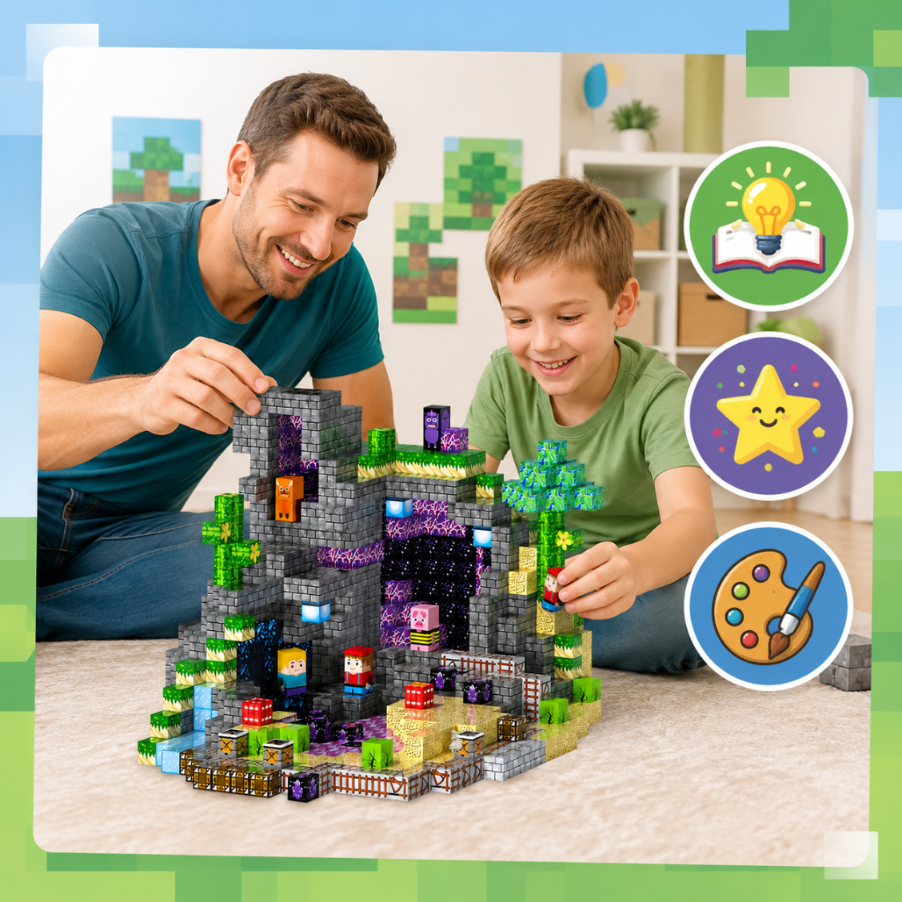 Ojciec i syn razem budują dużą strukturę z klocków w stylu Minecrafta.