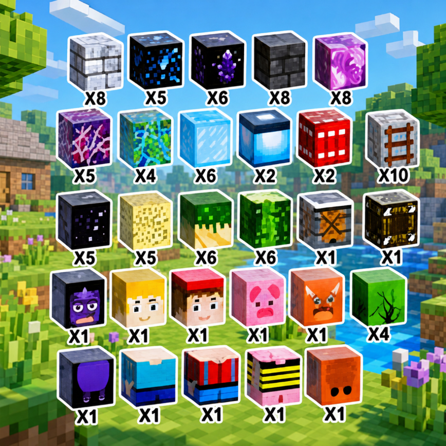 Przedmioty z gry Minecraft i bloki postaci z ilościami na tle krajobrazu z klocków.