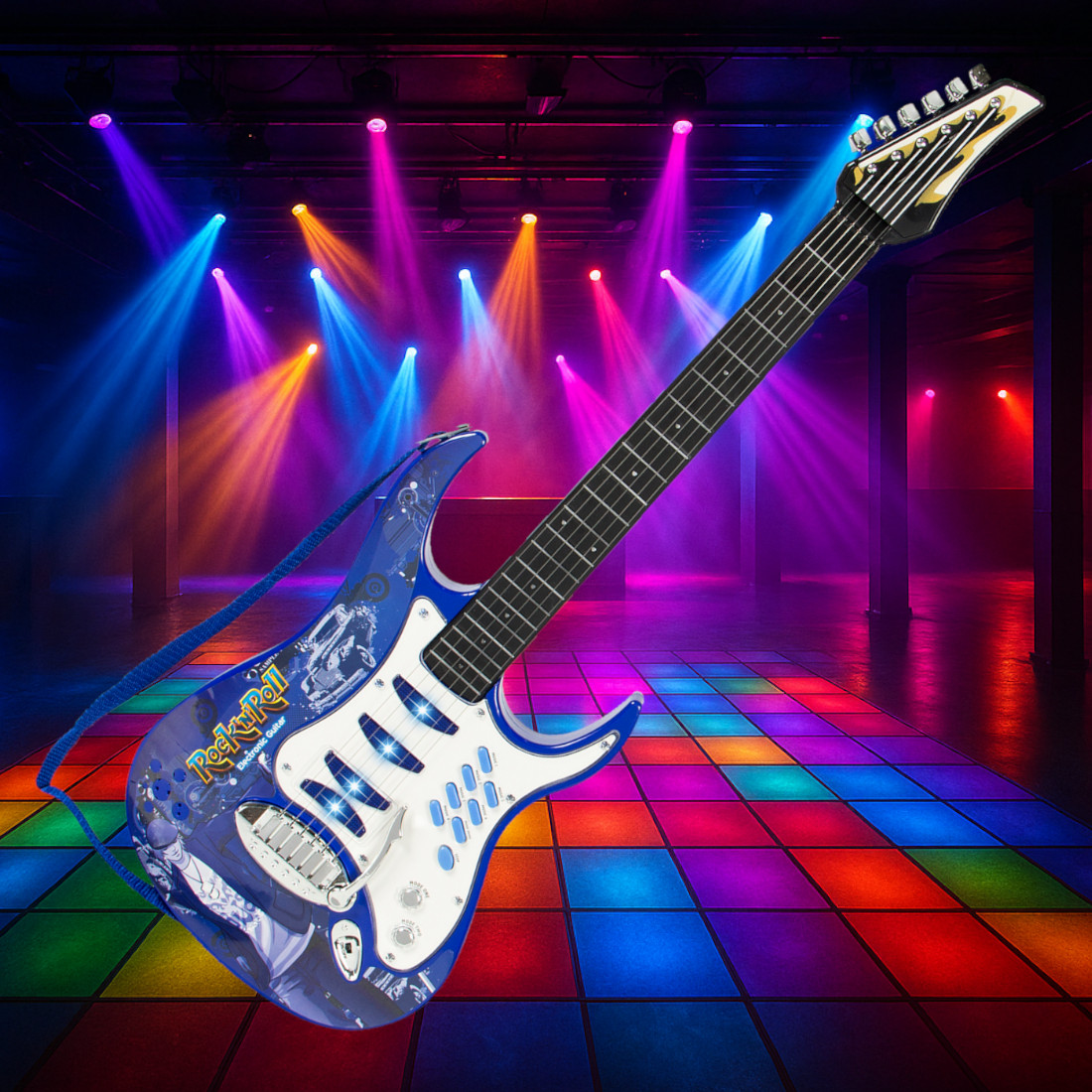 Niebieska gitara zabawkowa na tle sceny z kolorowymi reflektorami i podłogą.