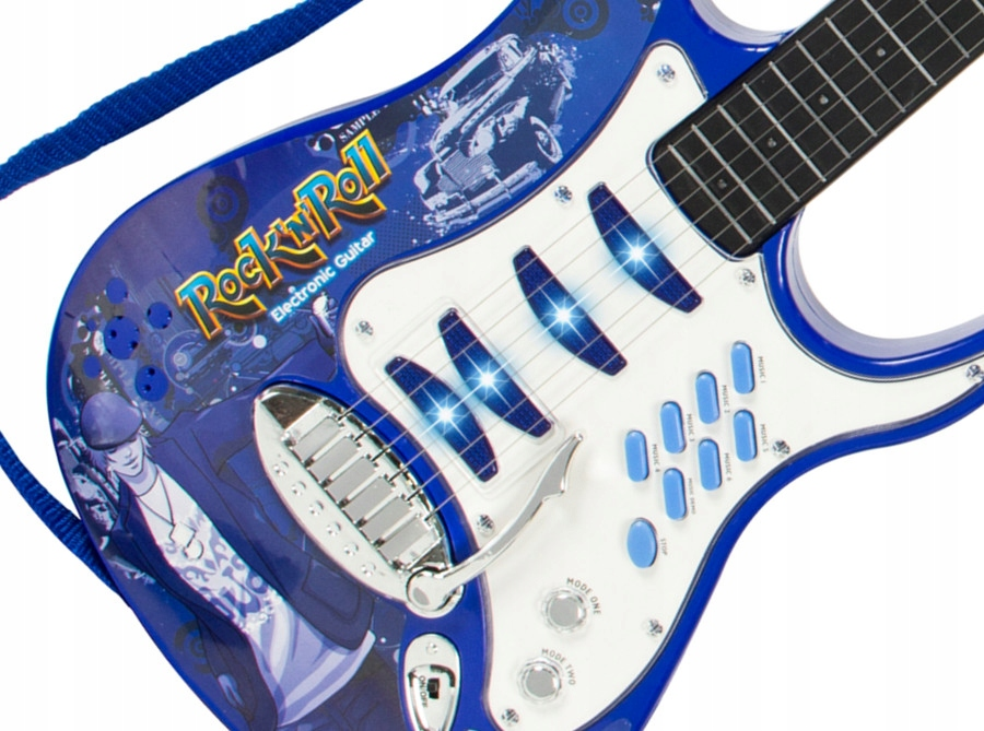 Niebieska elektroniczna gitara zabawkowa z białym pickguardem, przyciskami, strunami i grafiką.