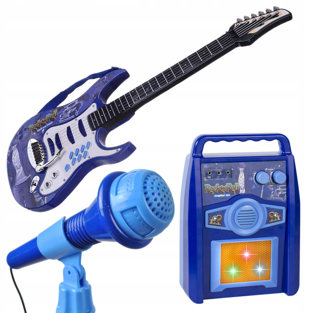 Niebieski zestaw muzyczny dla dzieci z gitarą, mikrofonem na statywie i małym wzmacniaczem.