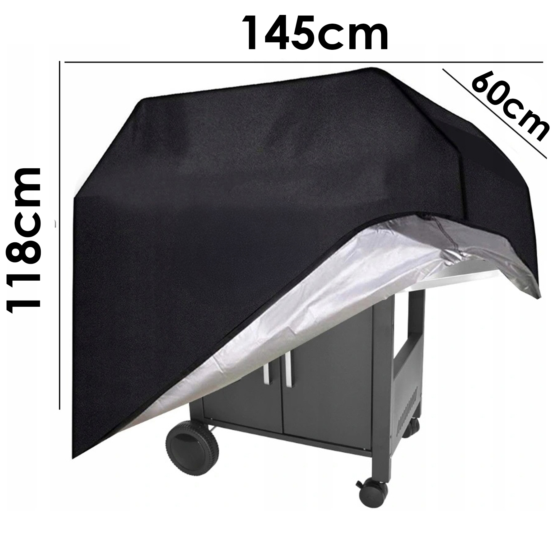 Czarny pokrowc na grill o wymiarach 145 cm szerokości, 118 cm wysokości i 60 cm głębokości na wózku z kółkami.