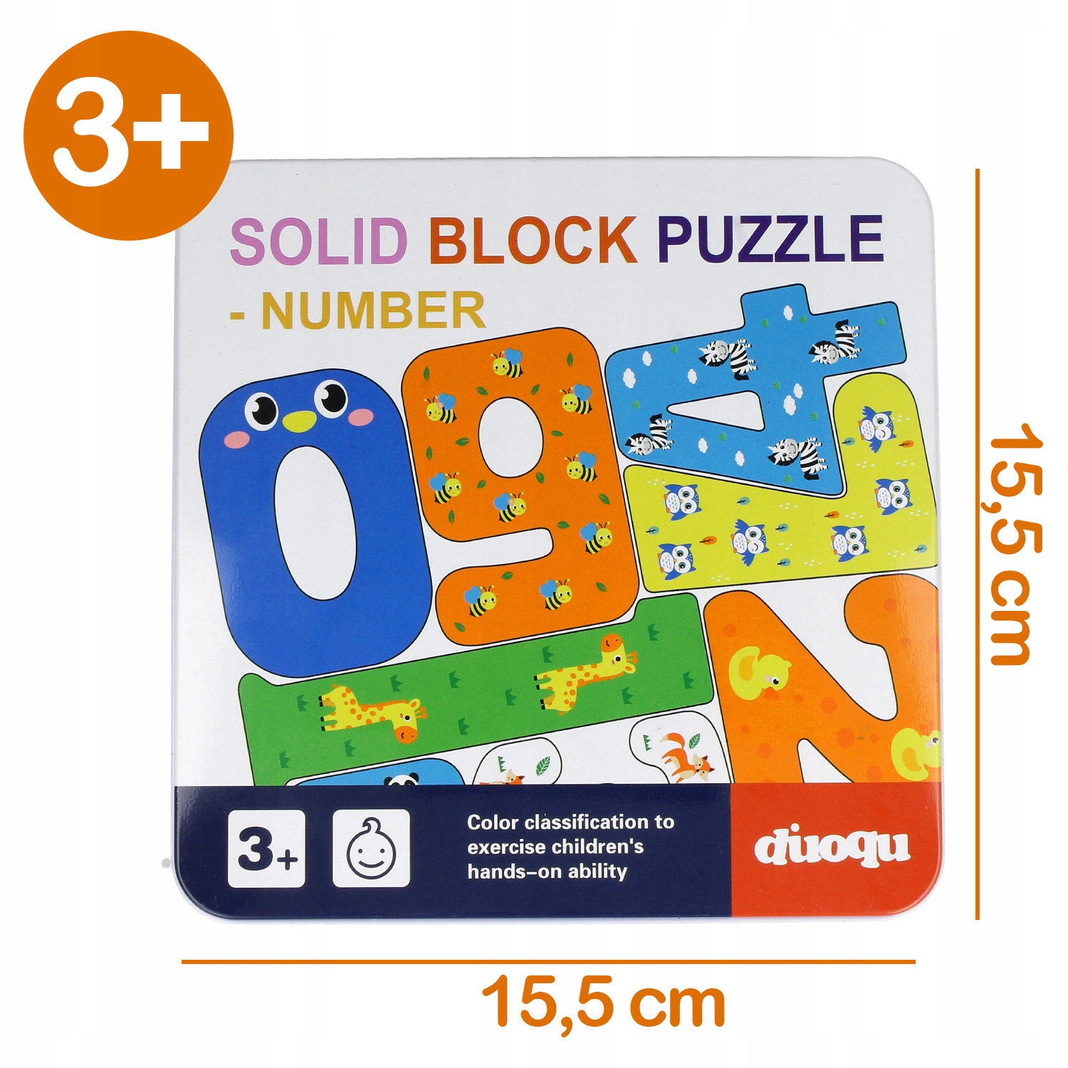 Pudełko puzzli z cyframi, wymiary 15,5 x 15,5 cm, przeznaczone dla dzieci od 3 lat.