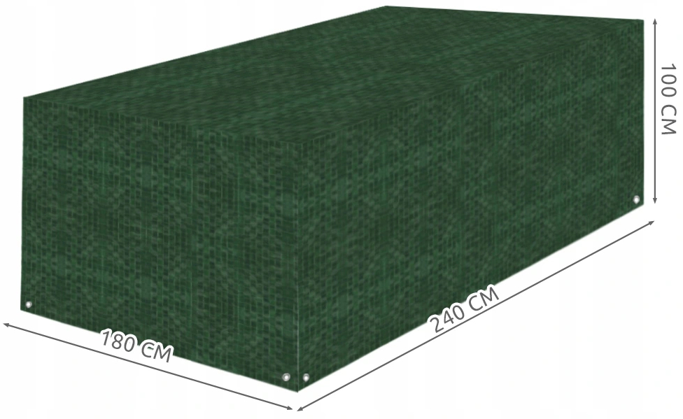 Zielony prostokątny pokrowiec ochronny o wymiarach 180x240x100 cm na białym tle.
