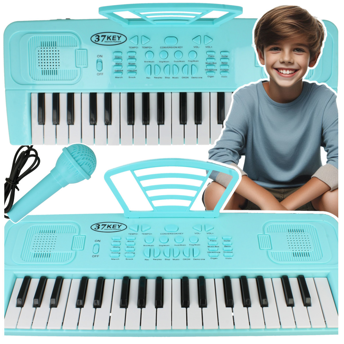 Szczęśliwy chłopiec obok turkusowego keyboardu z mikrofonem.