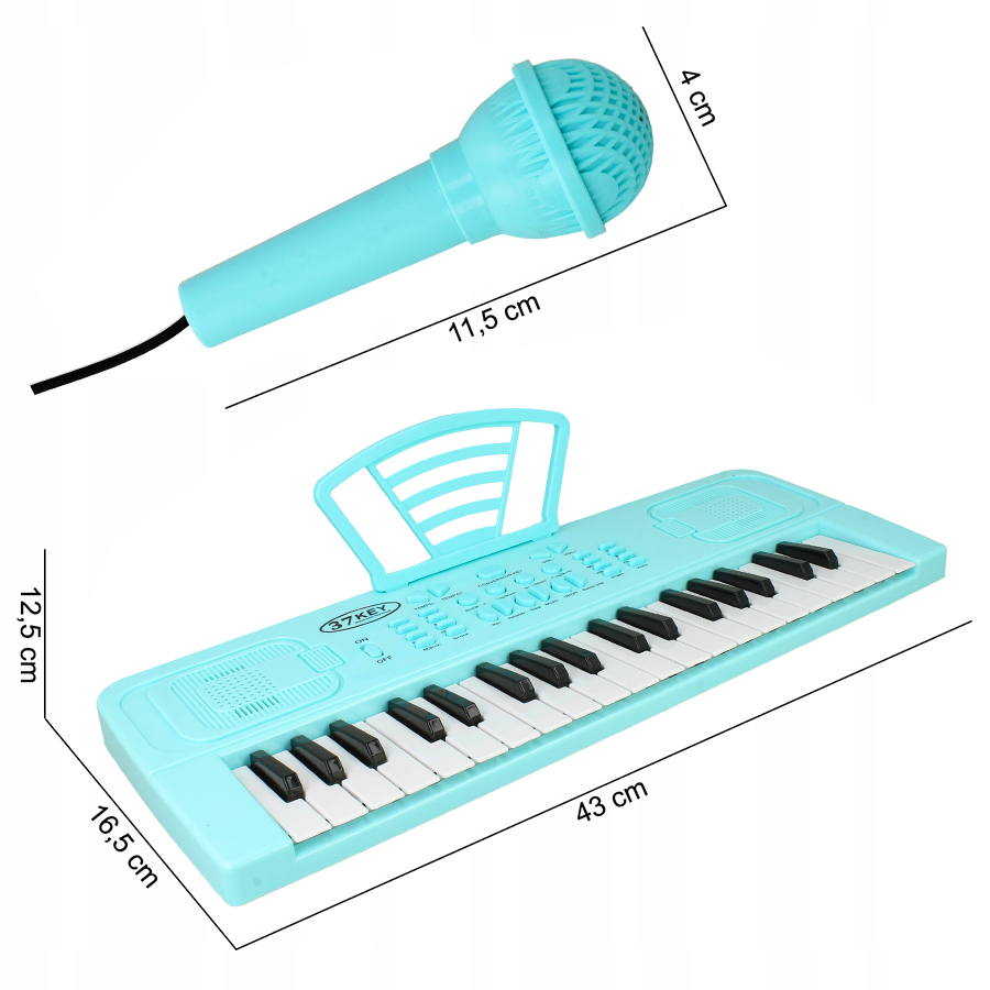 Jasnoniebieski keyboard zabawkowy dla dzieci z 37 klawiszami, mikrofonem i wymiarami na białym tle.
