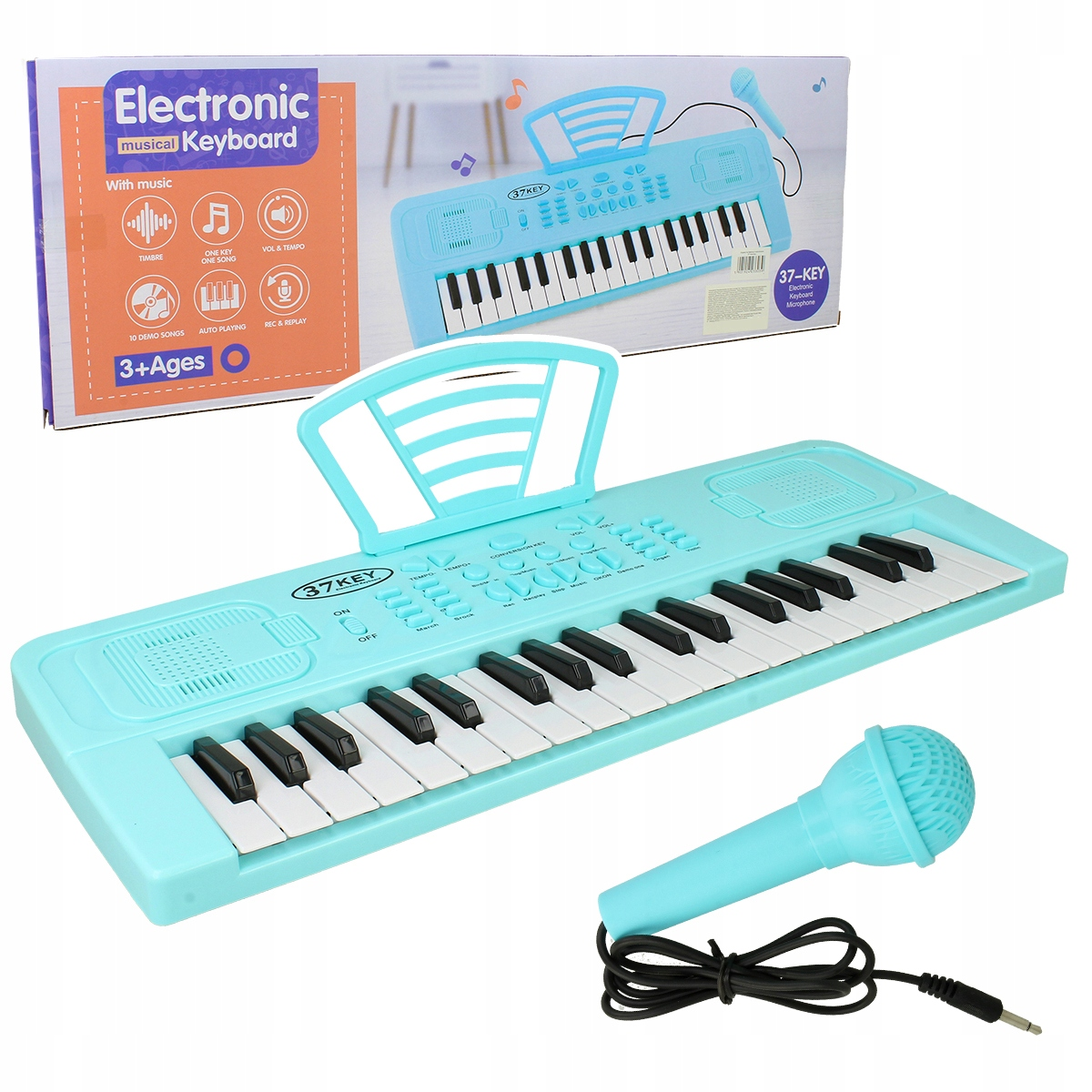 Jasnoniebieski elektroniczny keyboard zabawkowy z 37 klawiszami, mikrofonem i pudełkiem.