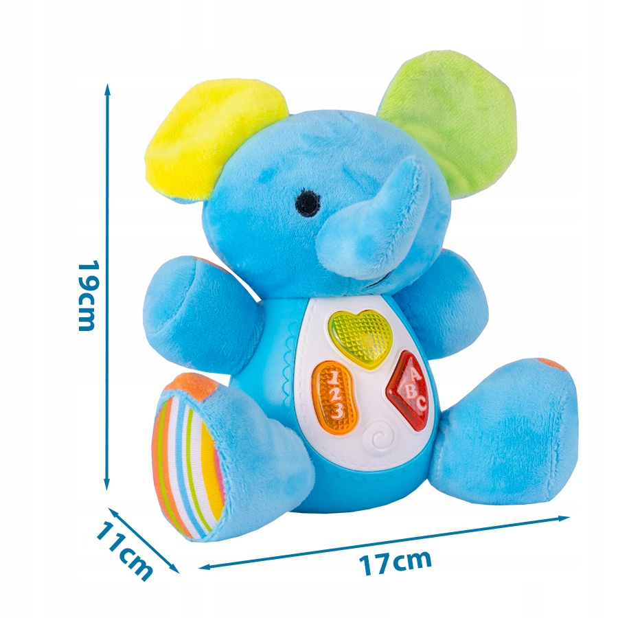 Niebieski słonik pluszowy z białym brzuchem, kolorowymi przyciskami i strzałkami wymiarów 19cm, 11cm i 17cm.
