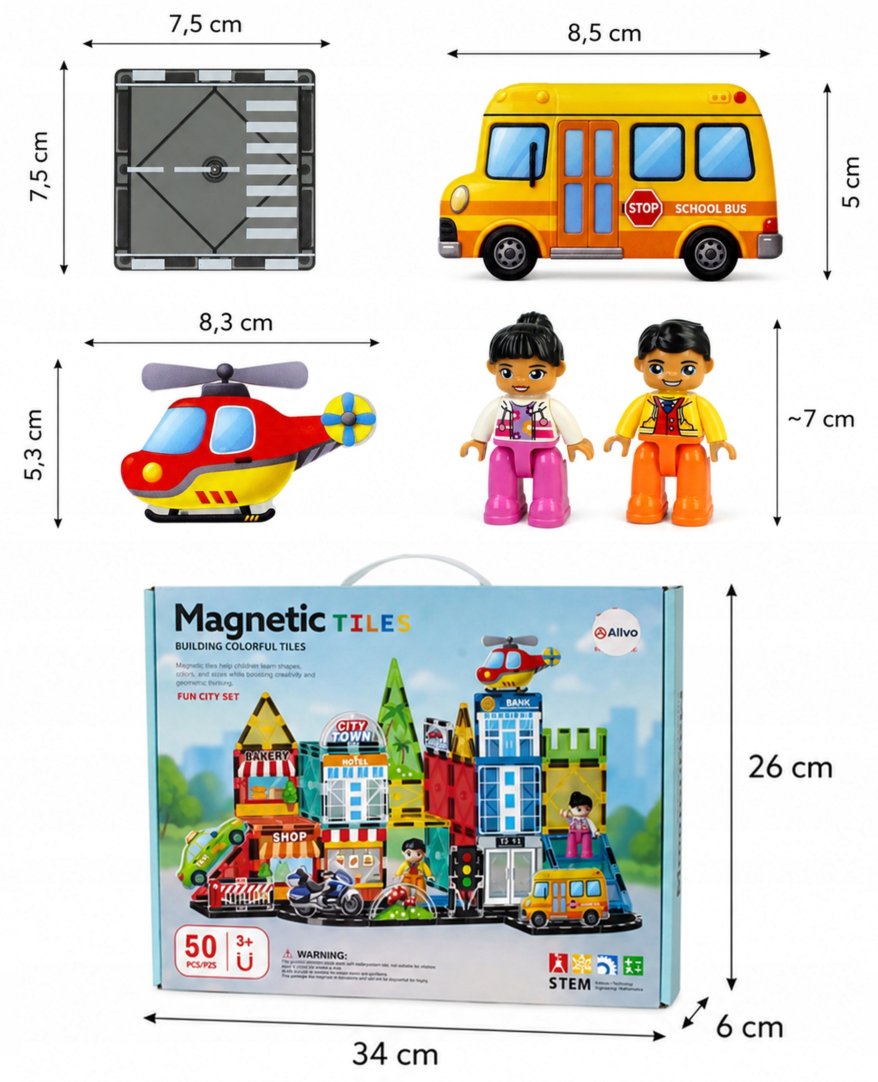 Klocki magnetyczne z elementem drogi, autobusem szkolnym, helikopterem i dwiema figurkami, z wymiarami.
