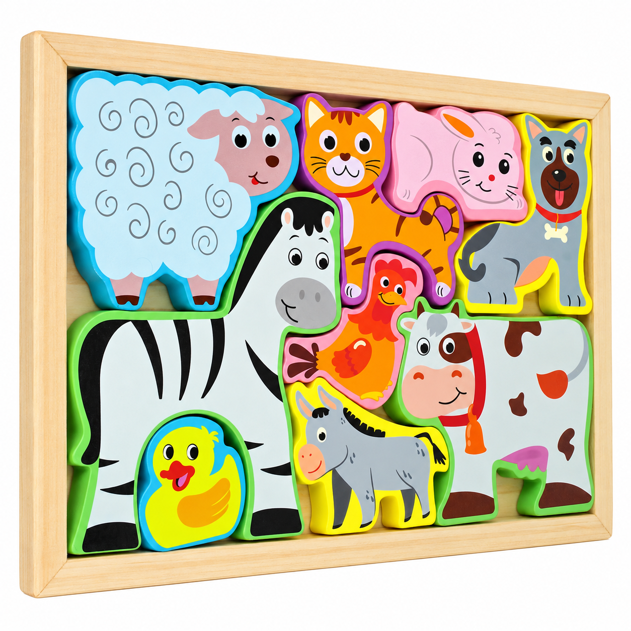 Kolorowe drewniane puzzle przedstawiające zwierzęta: owcę, zebrę, kaczkę, kota, kurę, osła, krowę, świnię i psa.