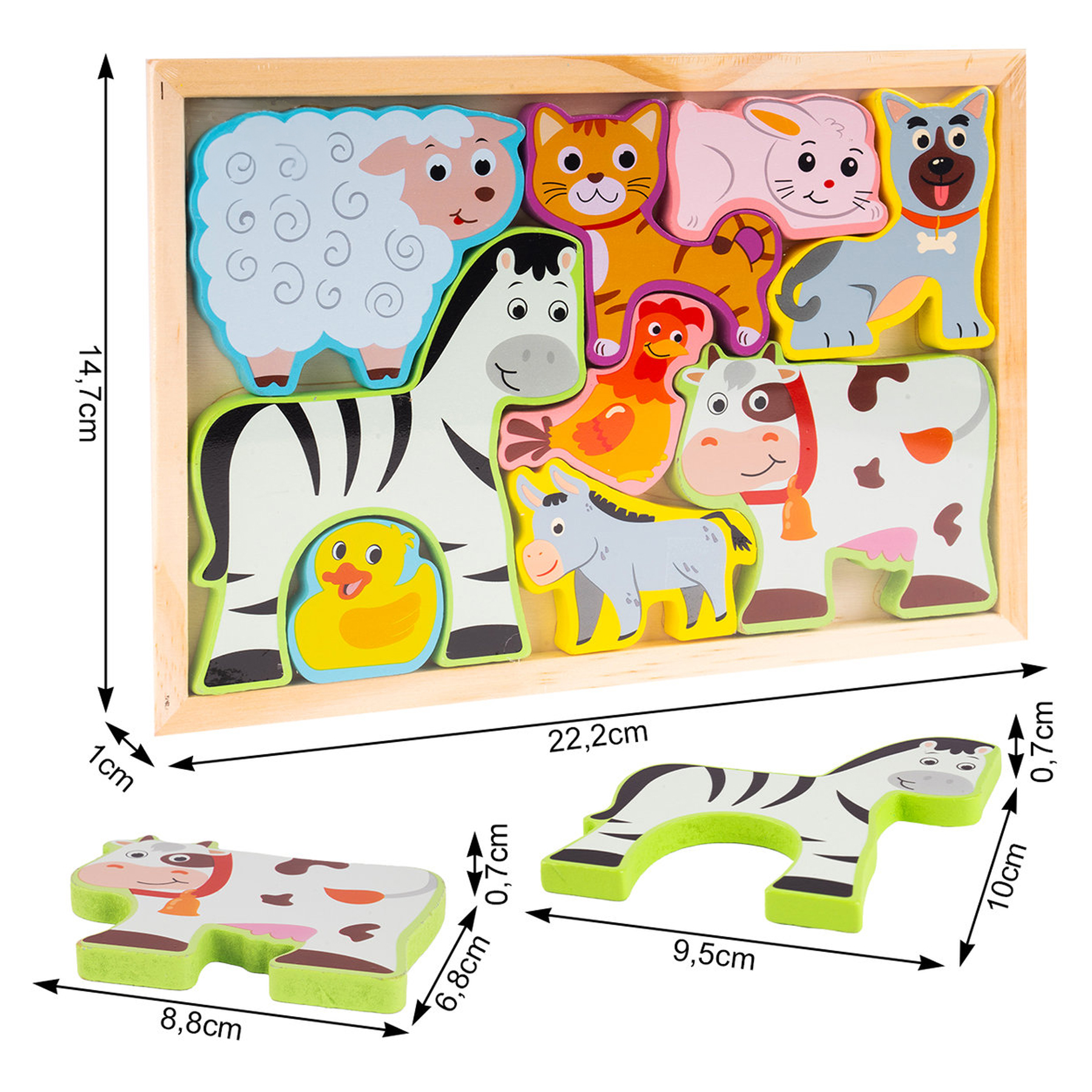 Drewniane puzzle ze zwierzętami w ramce z wymiarami, z elementami krowy i zebry.