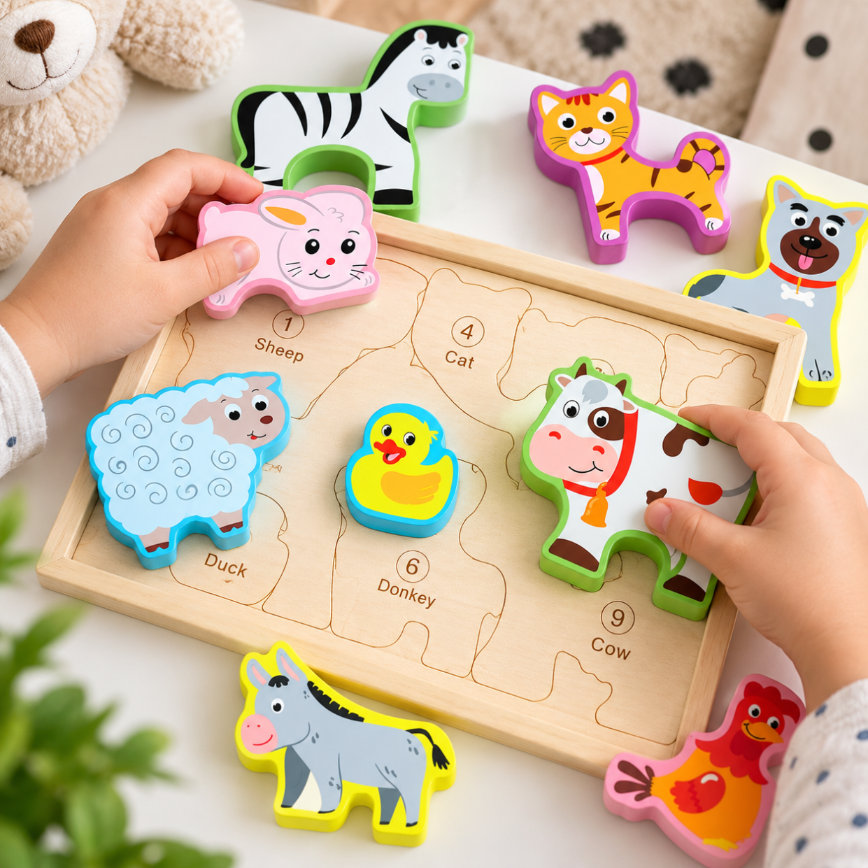 Ręce dziecka układasące kolorowe drewniane puzzle ze zwierzętami na drewnianej planszy.
