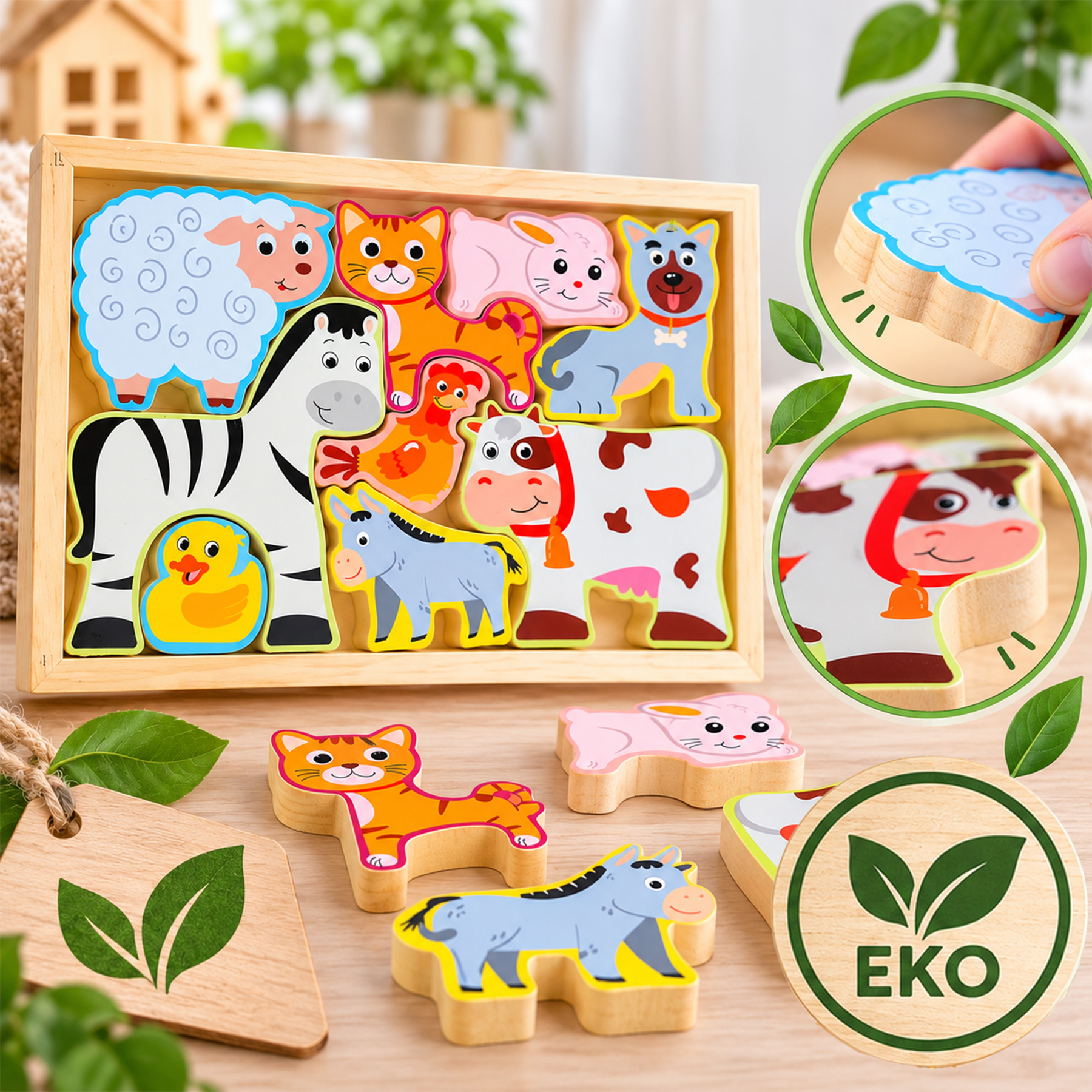 Drewniane puzzle z kolorowymi zwierzętami w pudełku i kilkoma figurkami obok.