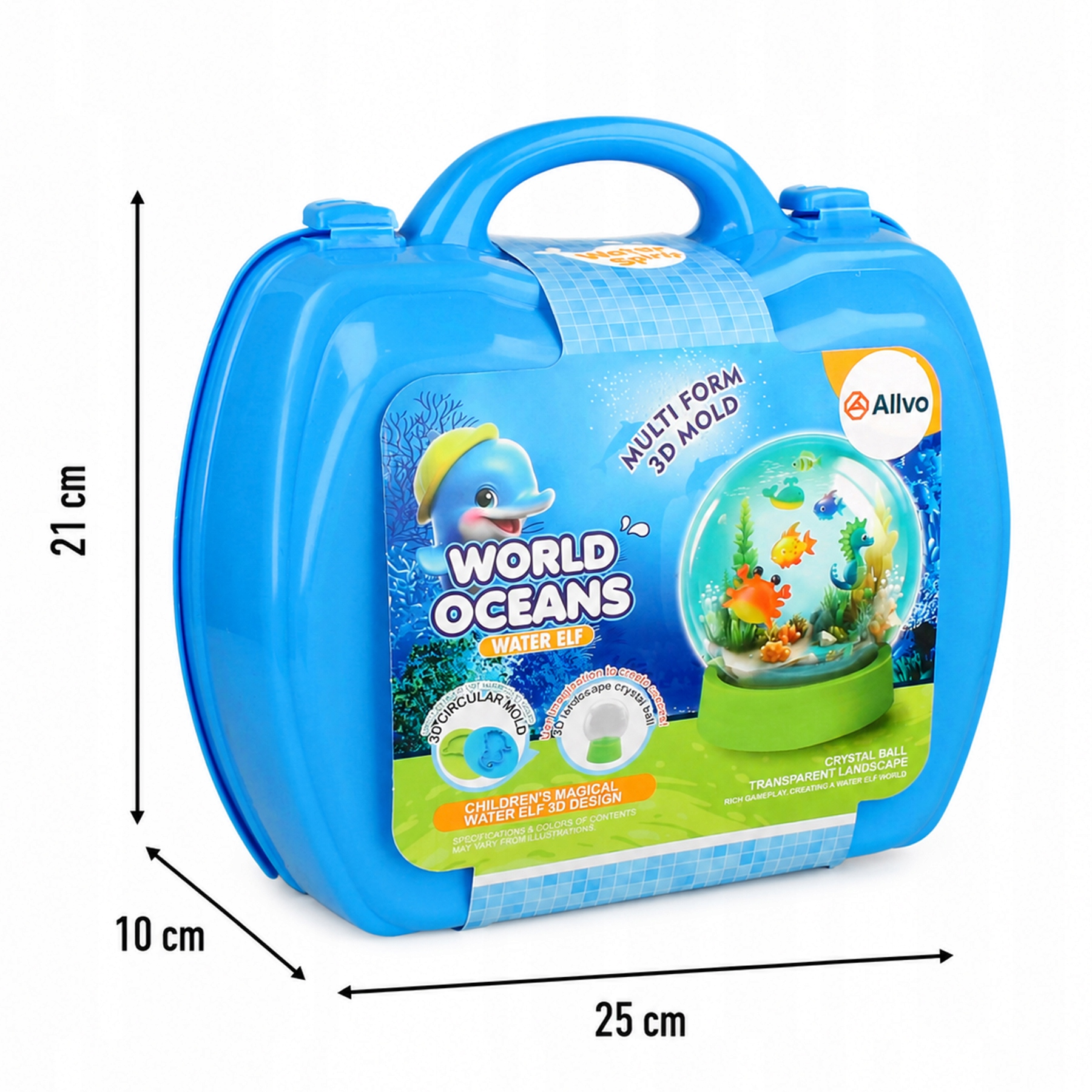 Niebieska plastikowa walizka zabawka World Oceans, wymiary 25x10x21 cm, z delfinem.
