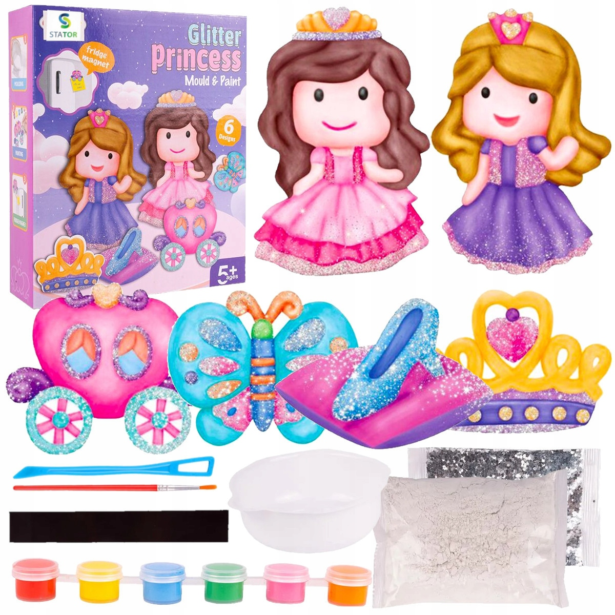 Zestaw do odlewania i malowania Glitter Princess z formami, gipsem, farbami, pędzlem i brokatem na białym tle.